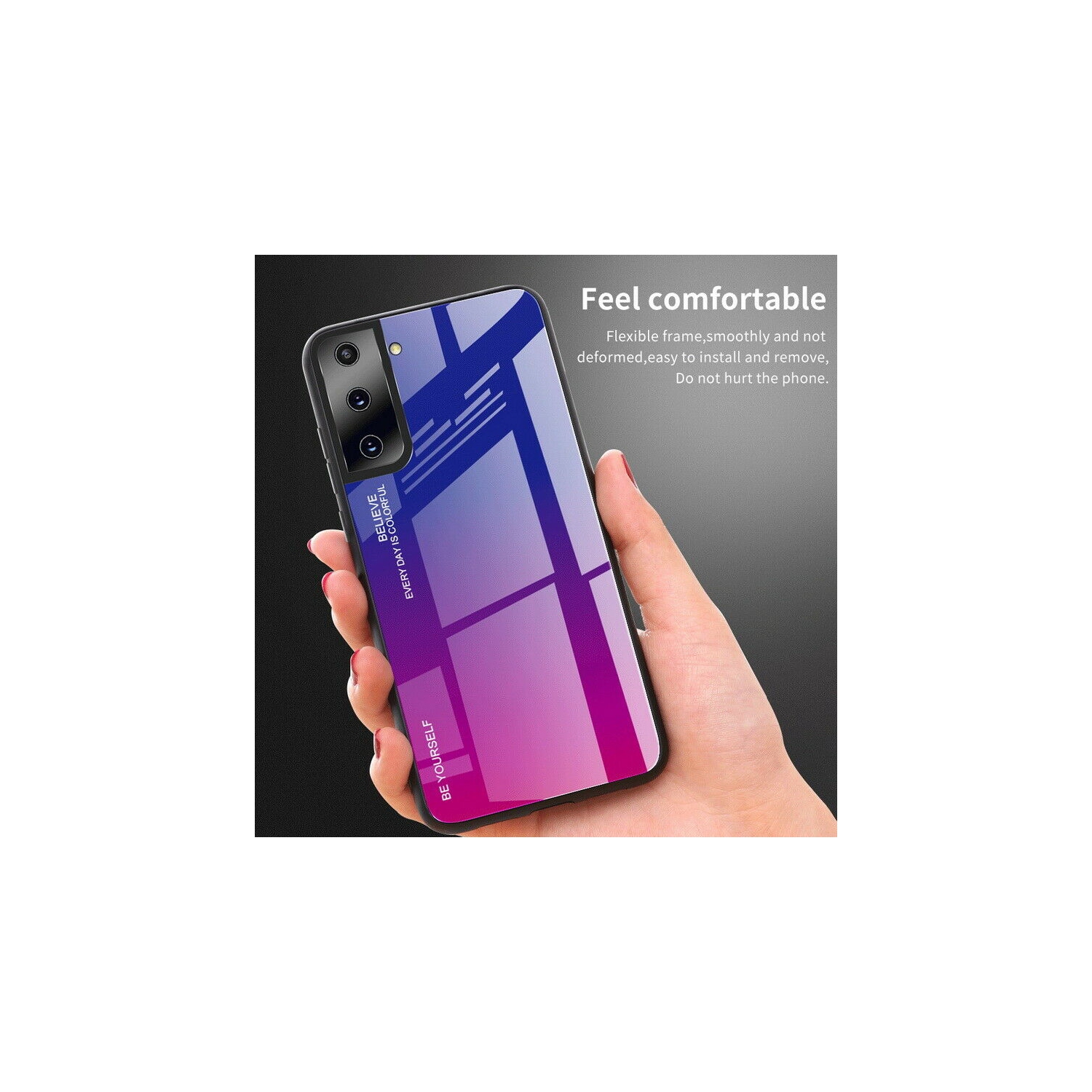 RIVIERA Scratch Resistant Gradient Color Phone Case Anti-fall Tempered Glass Case for Samsung Galaxy S21 PLUS -Pink and Blue