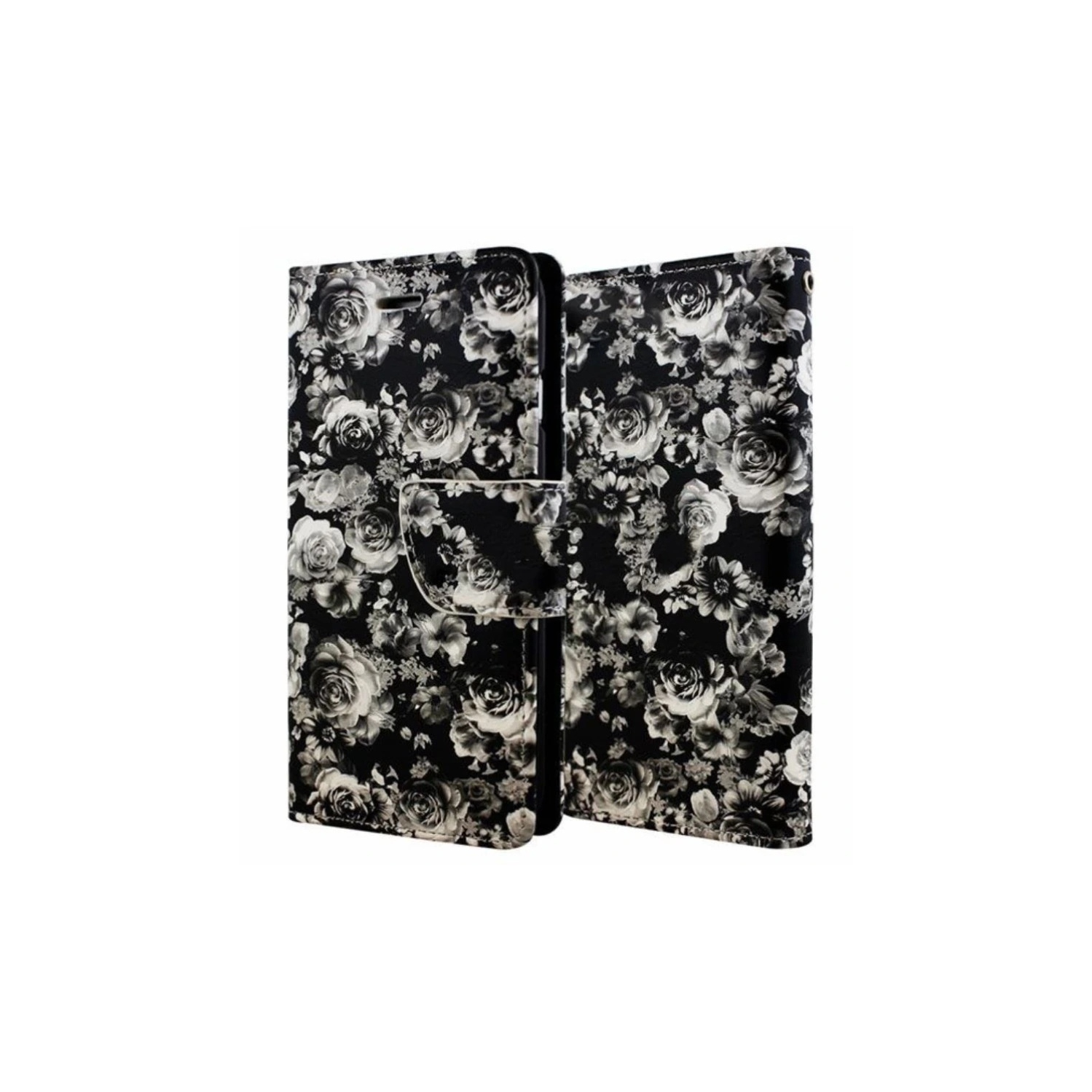 [CS] iPhone 13 Mini Case, Magnetic Leather Folio Wallet Flip Case Cover with Card Slot, Black Flower