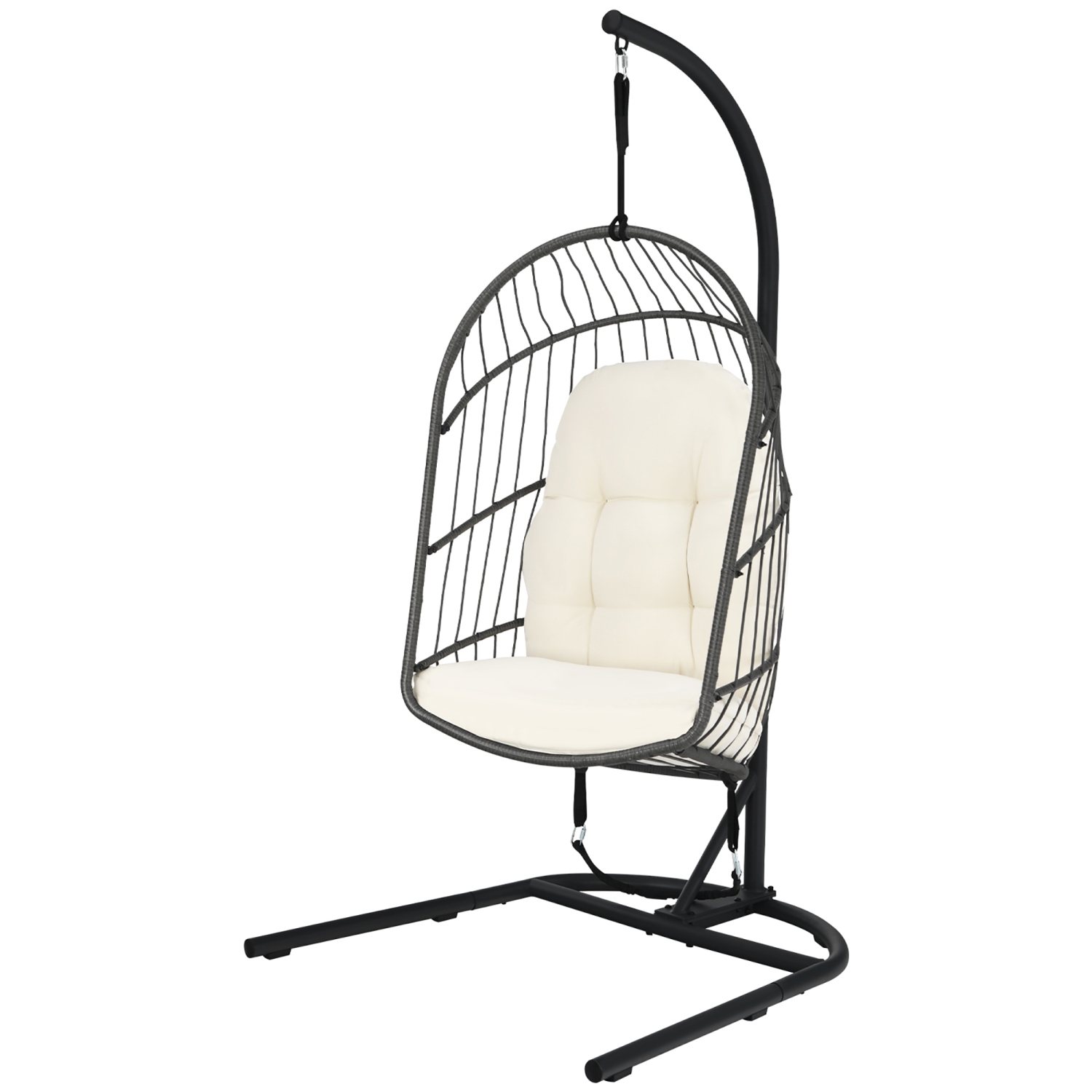 Costway Hanging Wicker Egg Chair w/ Stand Cushion Foldable Outdoor Indoor