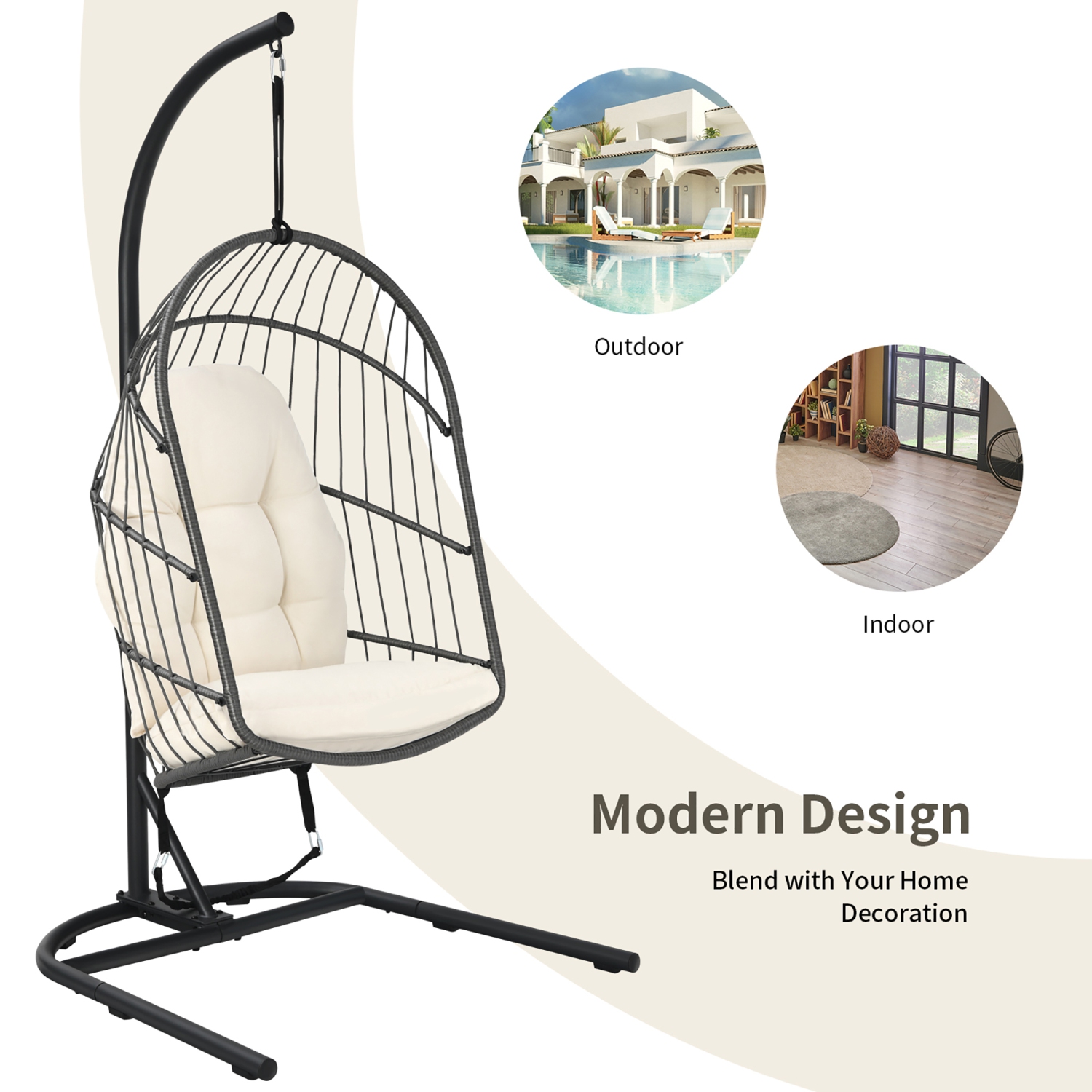 Costway Hanging Wicker Egg Chair w/ Stand Cushion Foldable Outdoor Indoor
