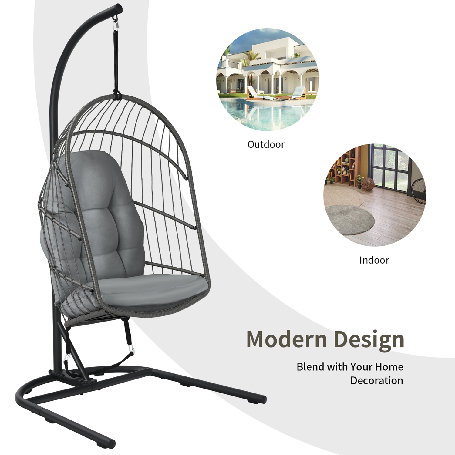 Costway Hanging Wicker Egg Chair w/ Stand Cushion Foldable Outdoor Indoor