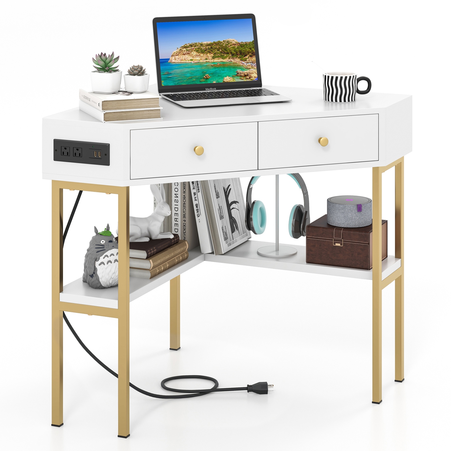 Costway Corner Computer Desk Writing Workstation Study Desk w/ 2 Drawers White\Black\Gold