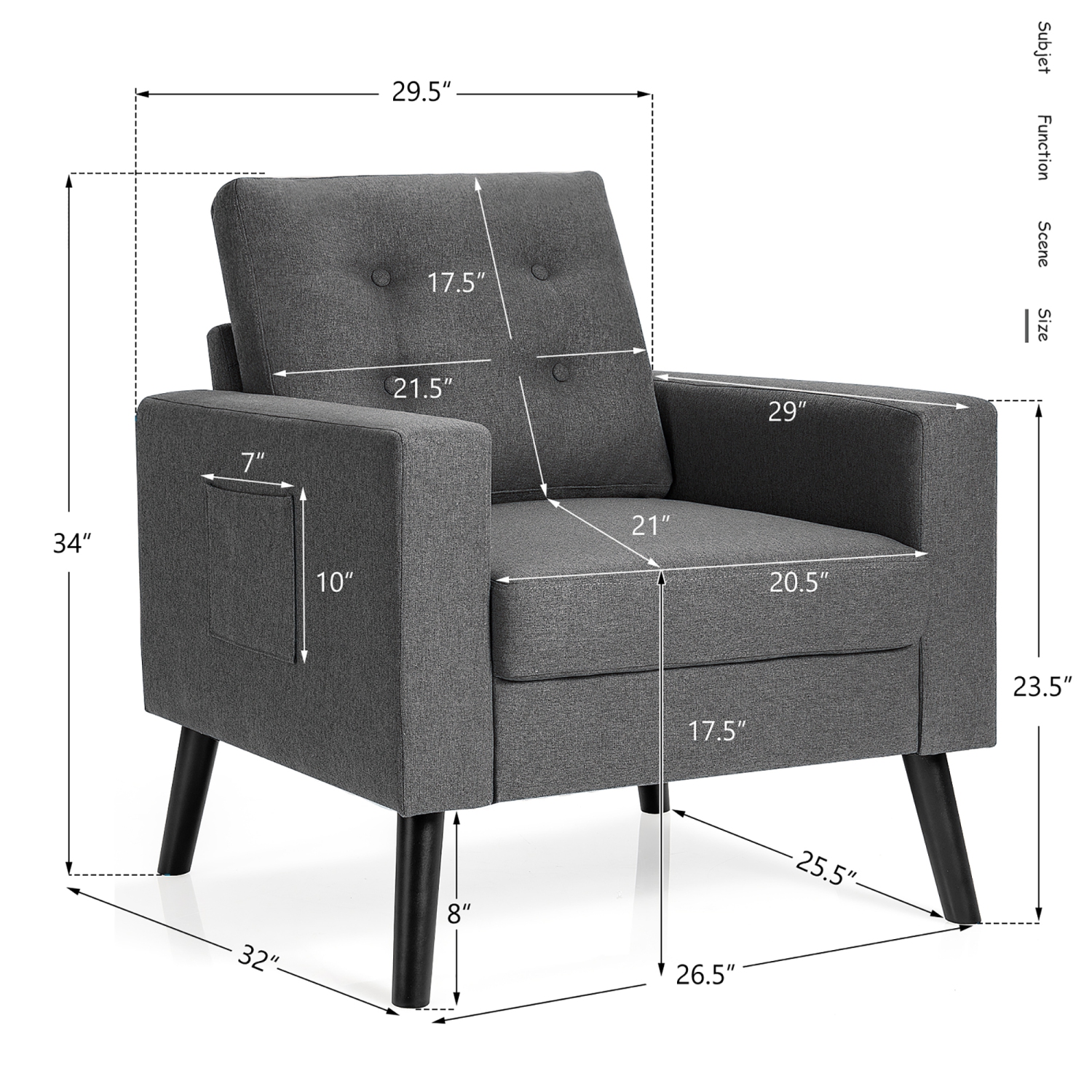 Costway Modern Accent Armchair Upholstered Single Sofa Chair w/ 2-Side Pockets