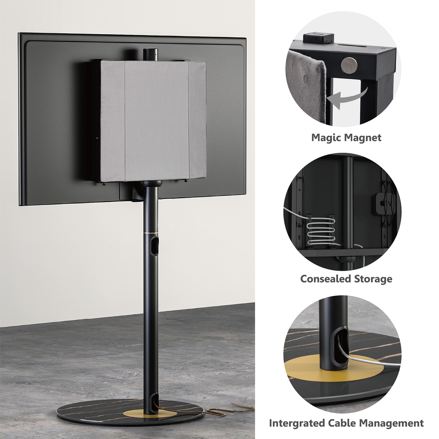 Meuble en coin pour téléviseur de 32 à 60 po série Master style nordique avec base en verre texturé marbré et gestion des câbles intégrée de FITUEYES