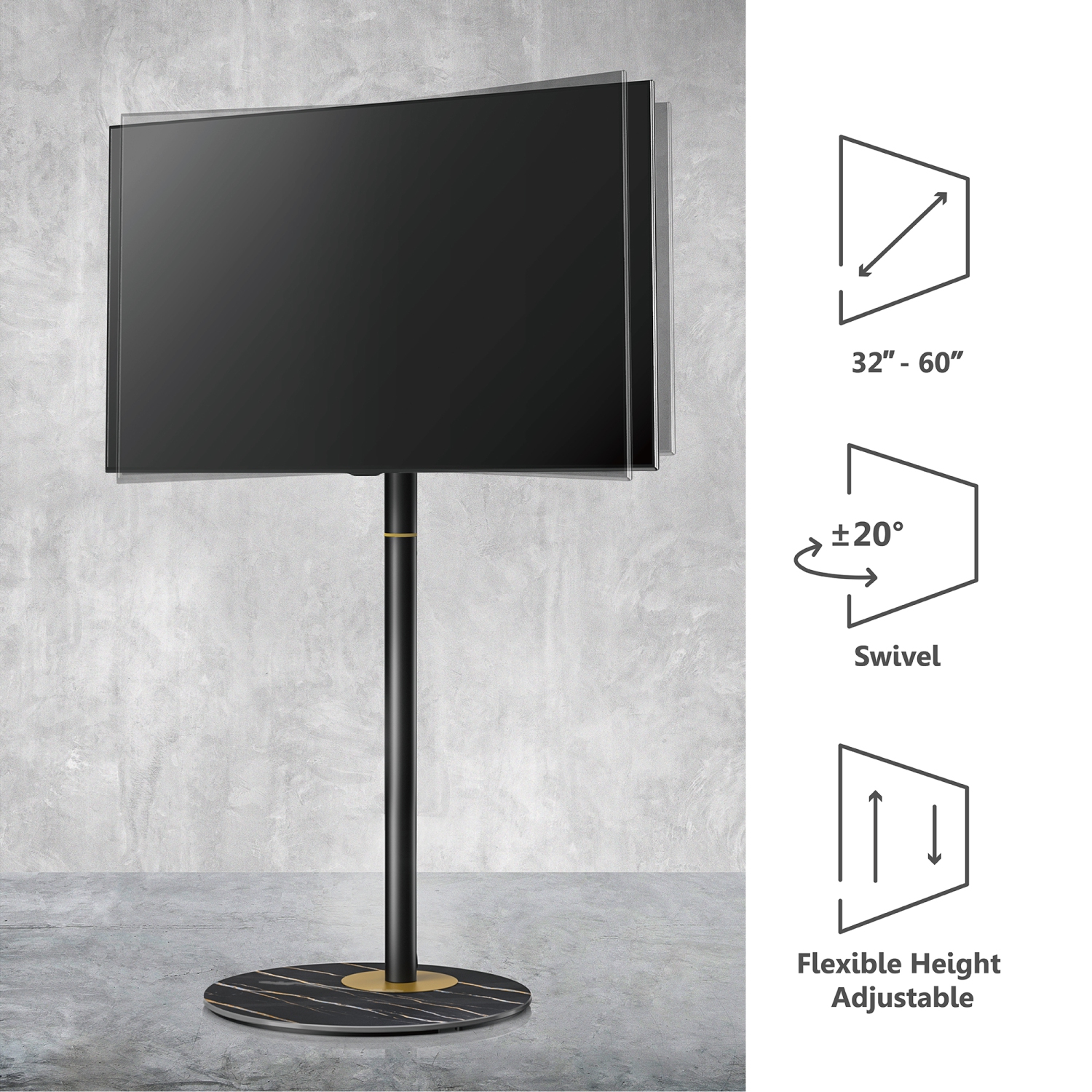 Meuble en coin pour téléviseur de 32 à 60 po série Master style nordique avec base en verre texturé marbré et gestion des câbles intégrée de FITUEYES