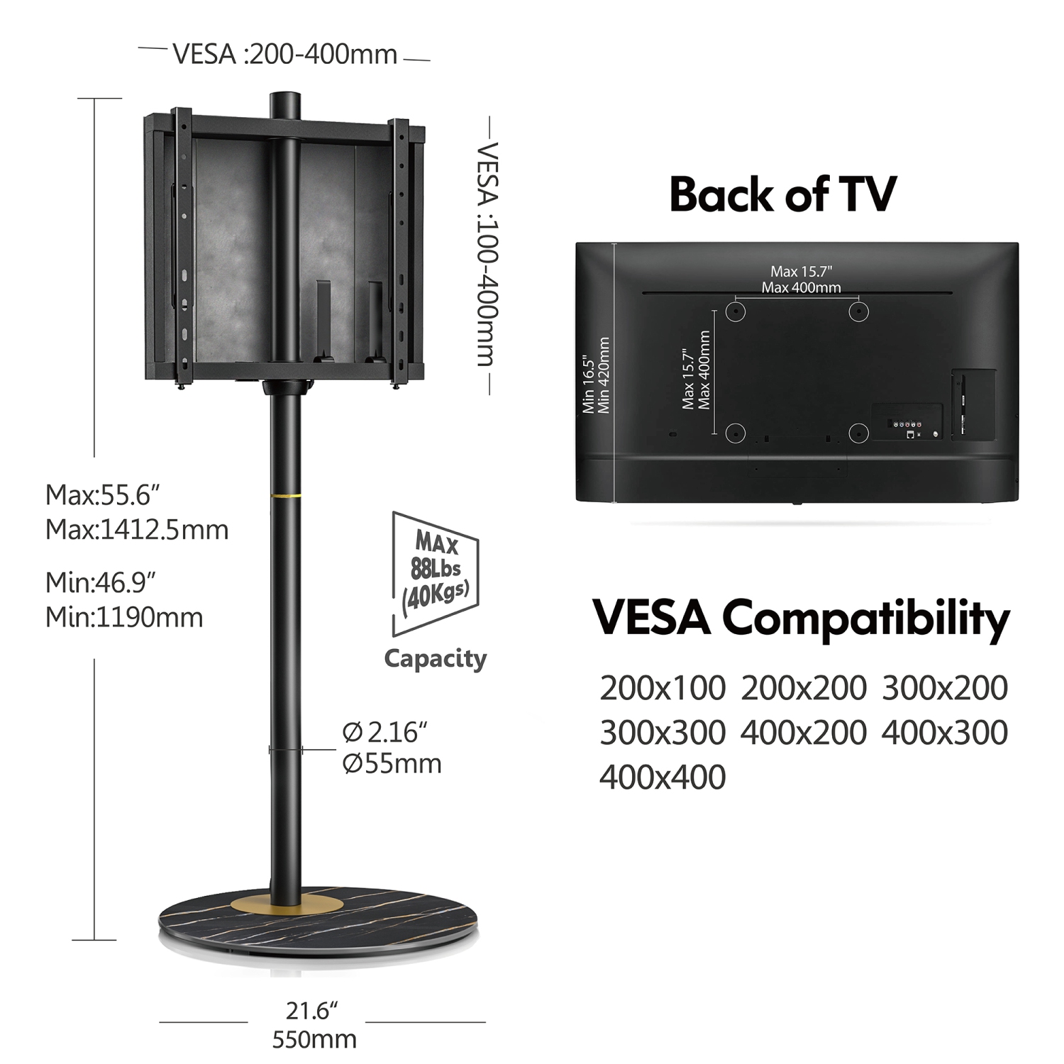 Meuble en coin pour téléviseur de 32 à 60 po série Master style nordique avec base en verre texturé marbré et gestion des câbles intégrée de FITUEYES