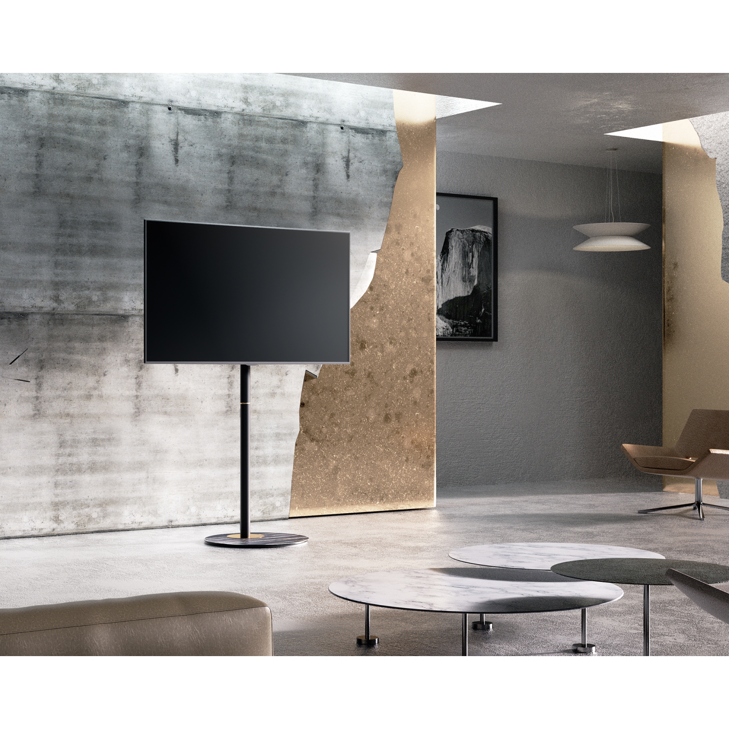 Meuble en coin pour téléviseur de 32 à 60 po série Master style nordique avec base en verre texturé marbré et gestion des câbles intégrée de FITUEYES