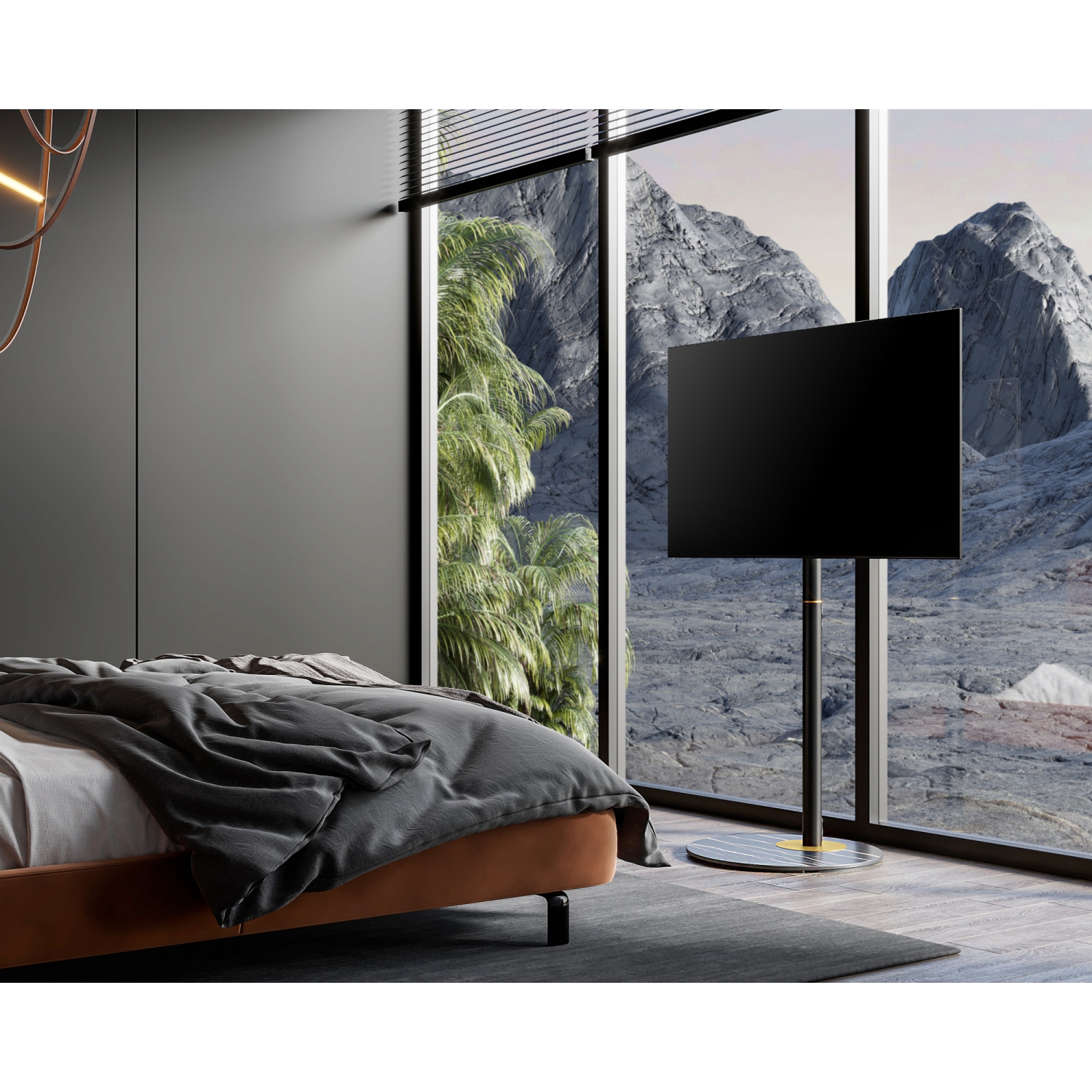 Meuble en coin pour téléviseur de 32 à 60 po série Master style nordique avec base en verre texturé marbré et gestion des câbles intégrée de FITUEYES