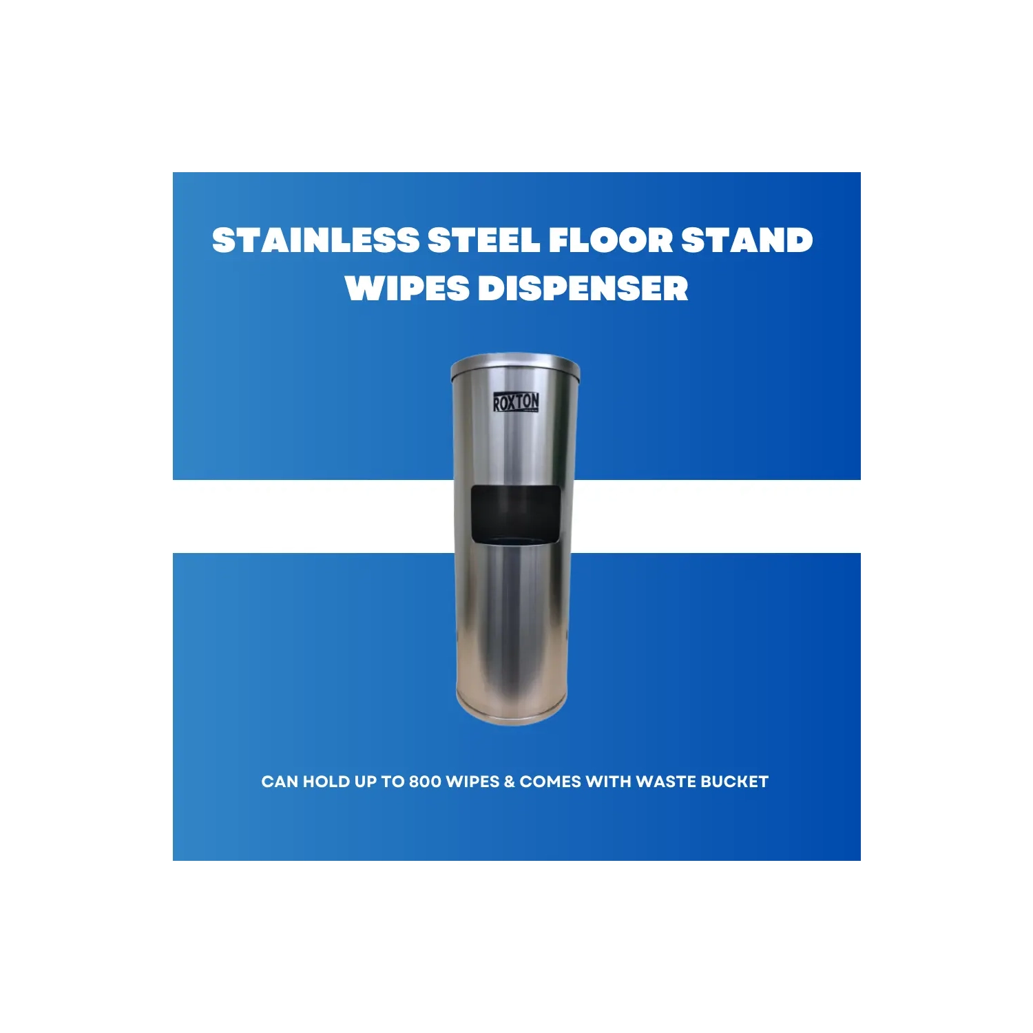 Roxton Stainless Steel Floor Stand Wipes Dispenser, Built-in Trash Can, Suitable for Gyms, School, Offices & Commercial Space