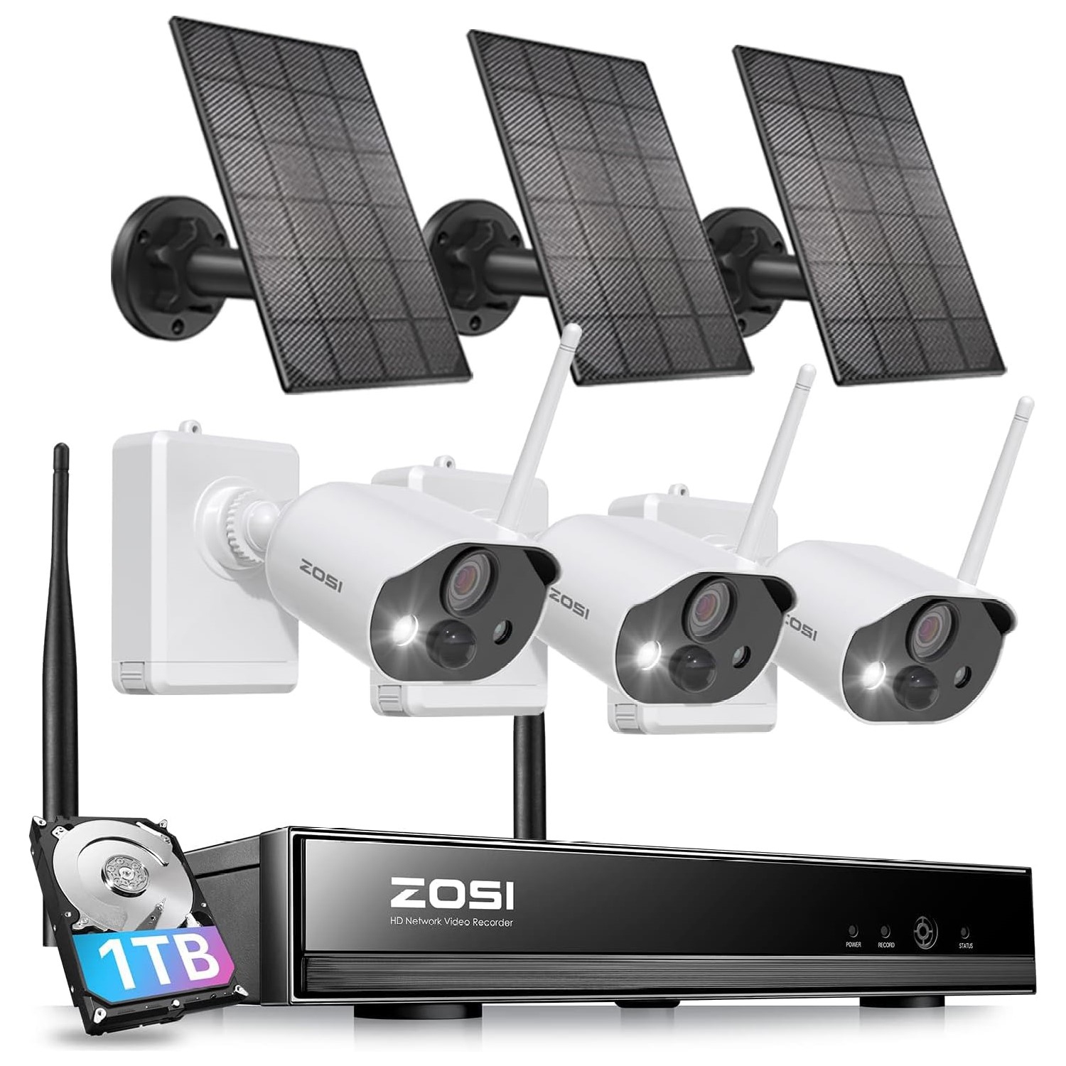 ZOSI 8CH 3MP 2K Wire-Free NVR Home Security Camera System with 1TB HDD, 3pcs Wireless WiFi Battery Powered Outdoor Surveillance Cameras with Solar Panel, 2-Way Audio, Remote Access