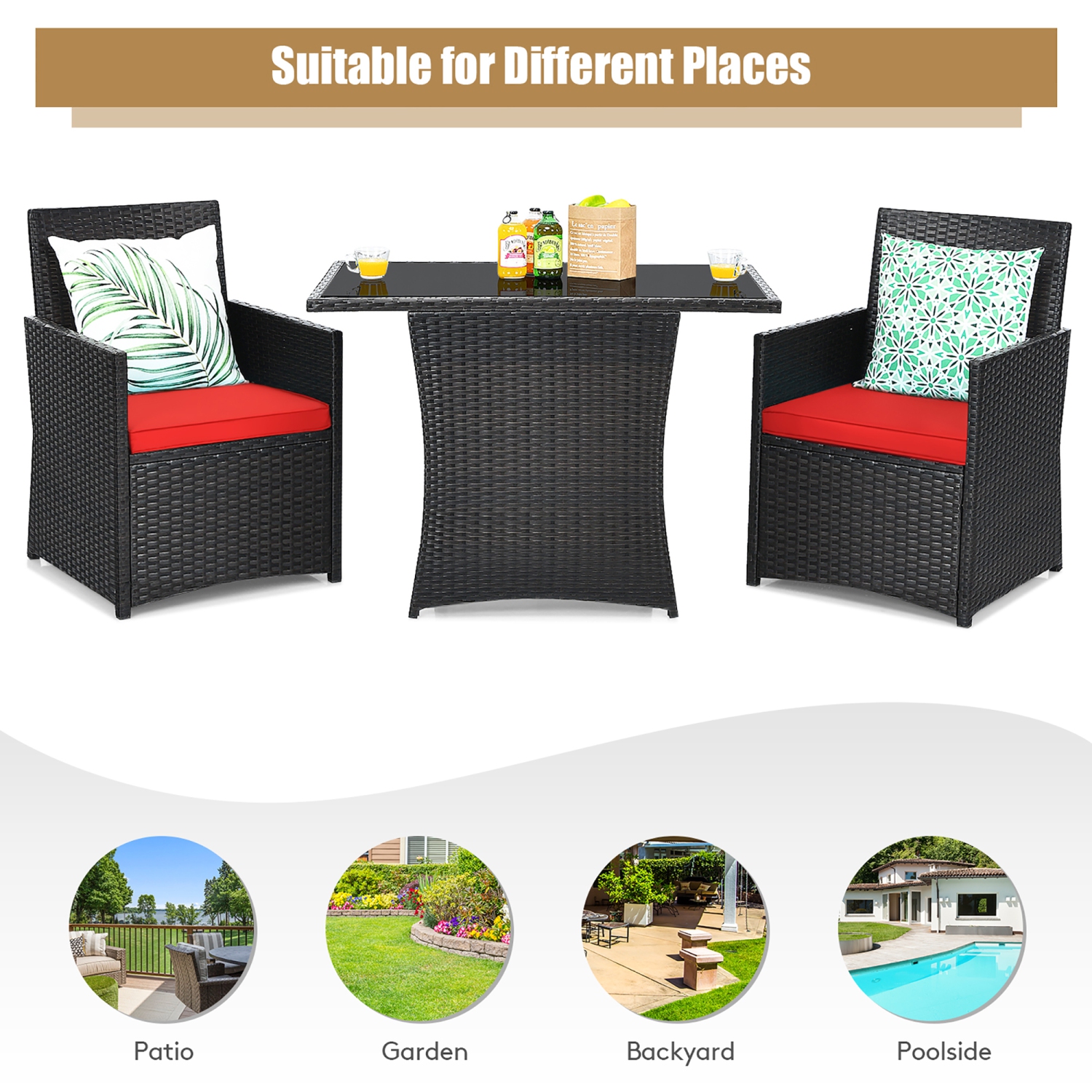 Costway 3PCS Patio Rattan Furniture Set Cushion Sofa Armrest Garden Deck