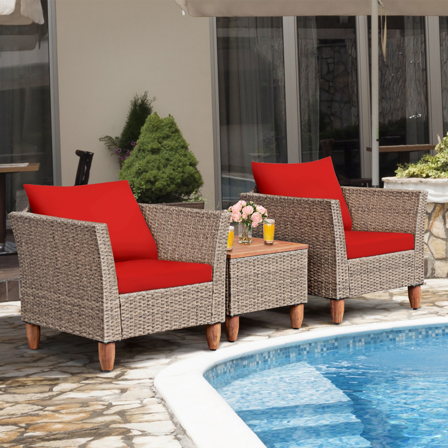 Costway3PCS Patio Rattan Bistro Furniture Set Wood Table Top Cushion Sofa