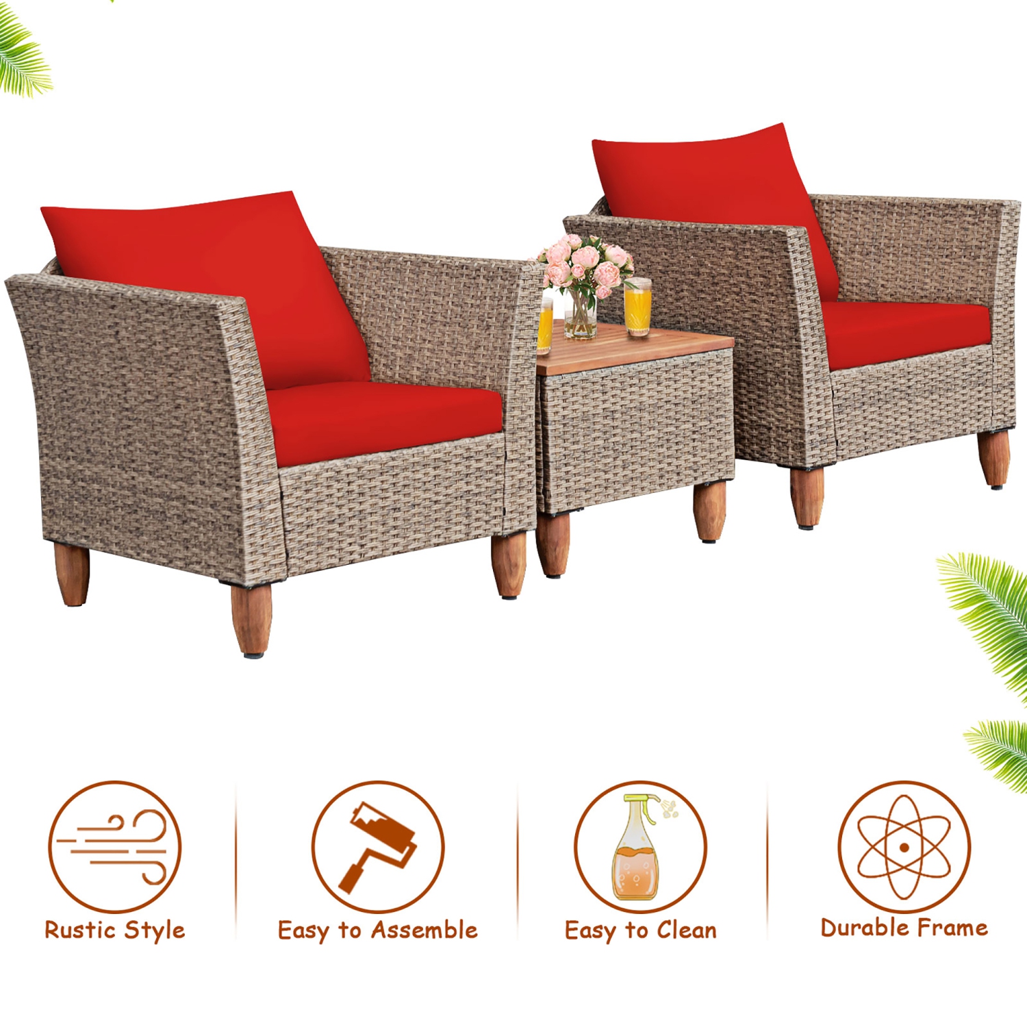 Costway3PCS Patio Rattan Bistro Furniture Set Wood Table Top Cushion Sofa