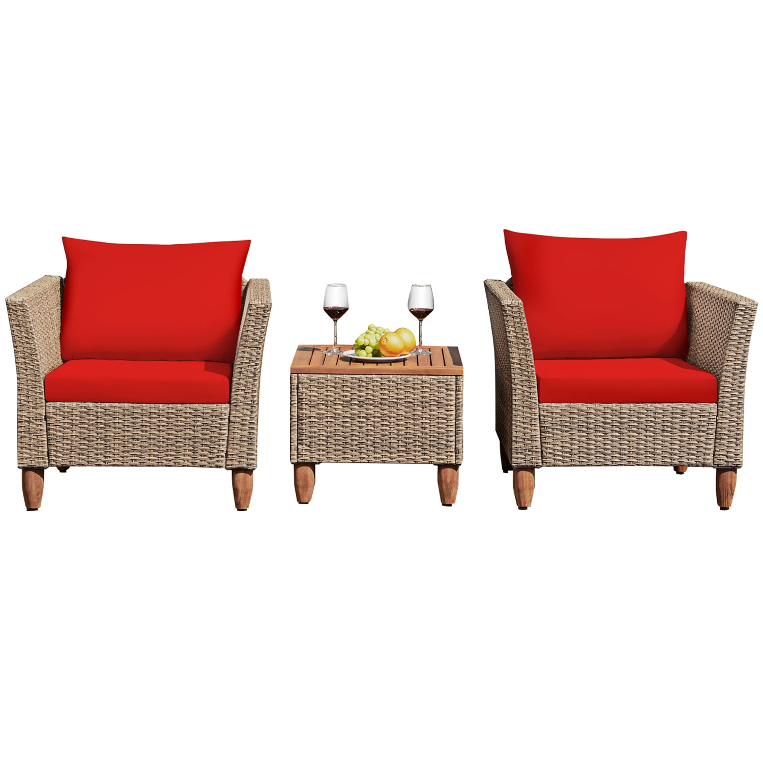 Costway3PCS Patio Rattan Bistro Furniture Set Wood Table Top Cushion Sofa