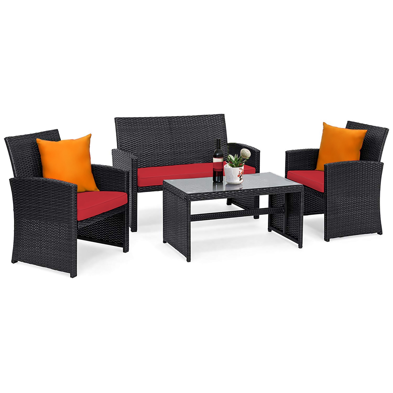Costway 4PCS Patio Rattan Furniture Conversation Set Cushion Sofa Table Garden Turquoise\Navy