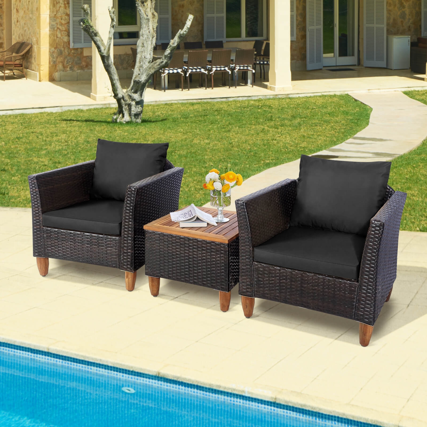Costway3PCS Patio Rattan Bistro Furniture Set Wood Table Top Cushion Sofa