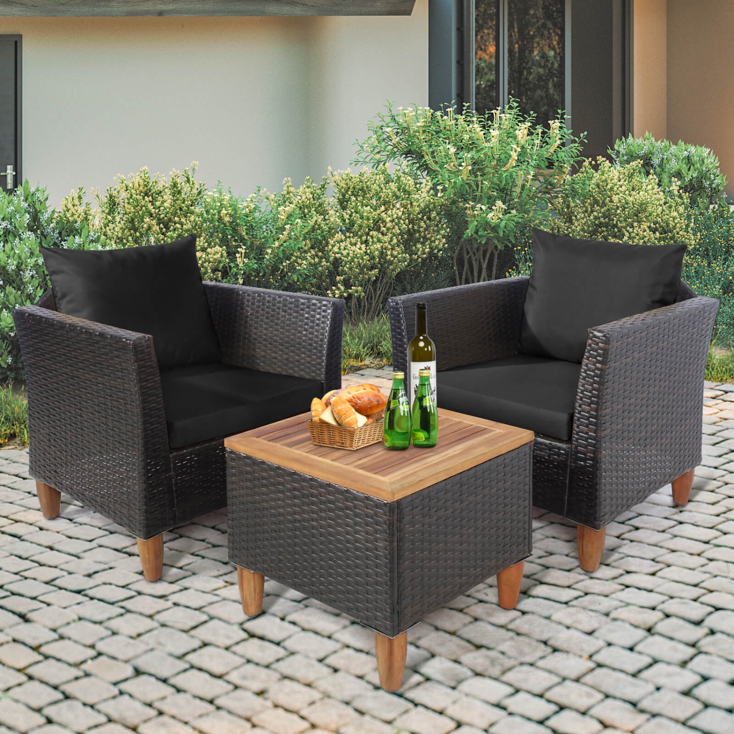 Costway3PCS Patio Rattan Bistro Furniture Set Wood Table Top Cushion Sofa