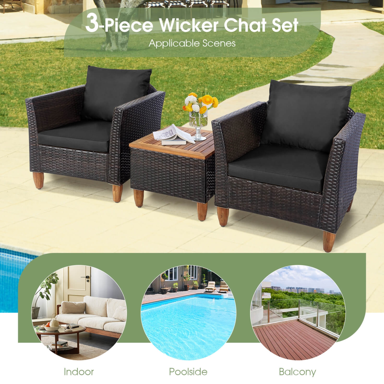 Costway3PCS Patio Rattan Bistro Furniture Set Wood Table Top Cushion Sofa