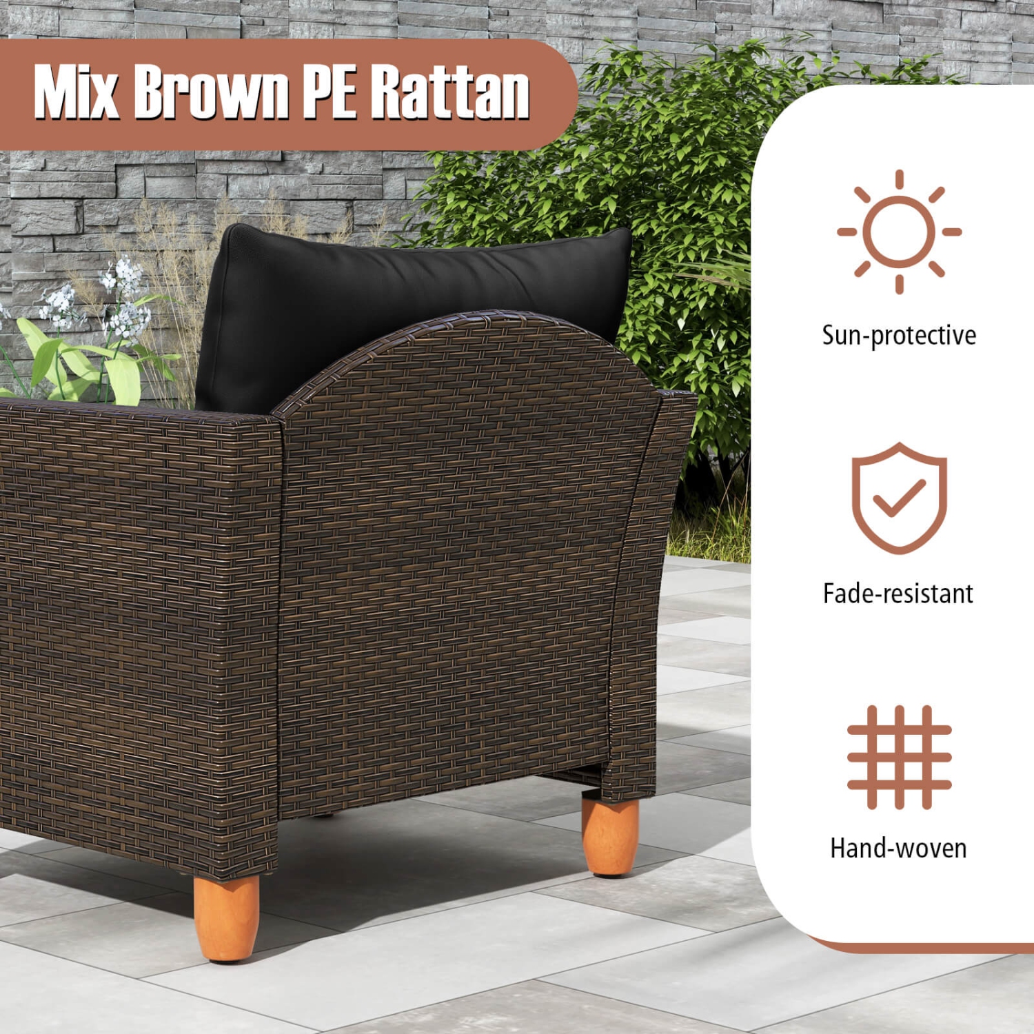 Costway3PCS Patio Rattan Bistro Furniture Set Wood Table Top Cushion Sofa