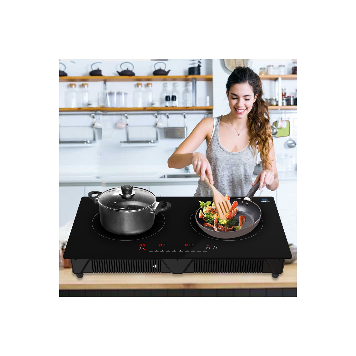 Cheftop Portable Induction Cooktop 2 Burner Electric Cooktop with Kids Safety Lock 1800 Watt, Touch Sensor Control, Multiple Controls Cooking Zones &