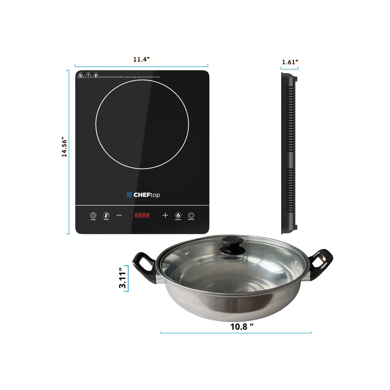 Table de cuisson à induction portable à un brûleur Cheftop Table de cuisson en céramique numérique 1300 W, commande par capteur tactile, commandes
