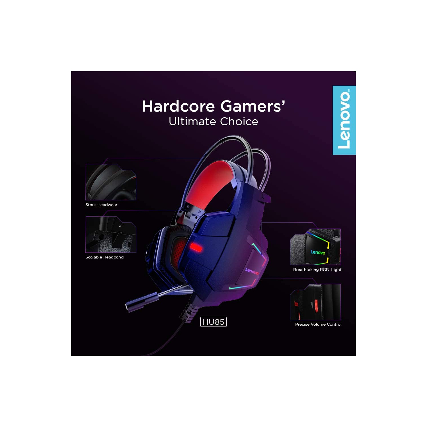 Lenovo HU85 Gaming Headset 40mm Driver HIFI Noise Reduction RGB Led USB Wired Headphones with Mic for PC Laptop Gamer PC, Nintendo Switch