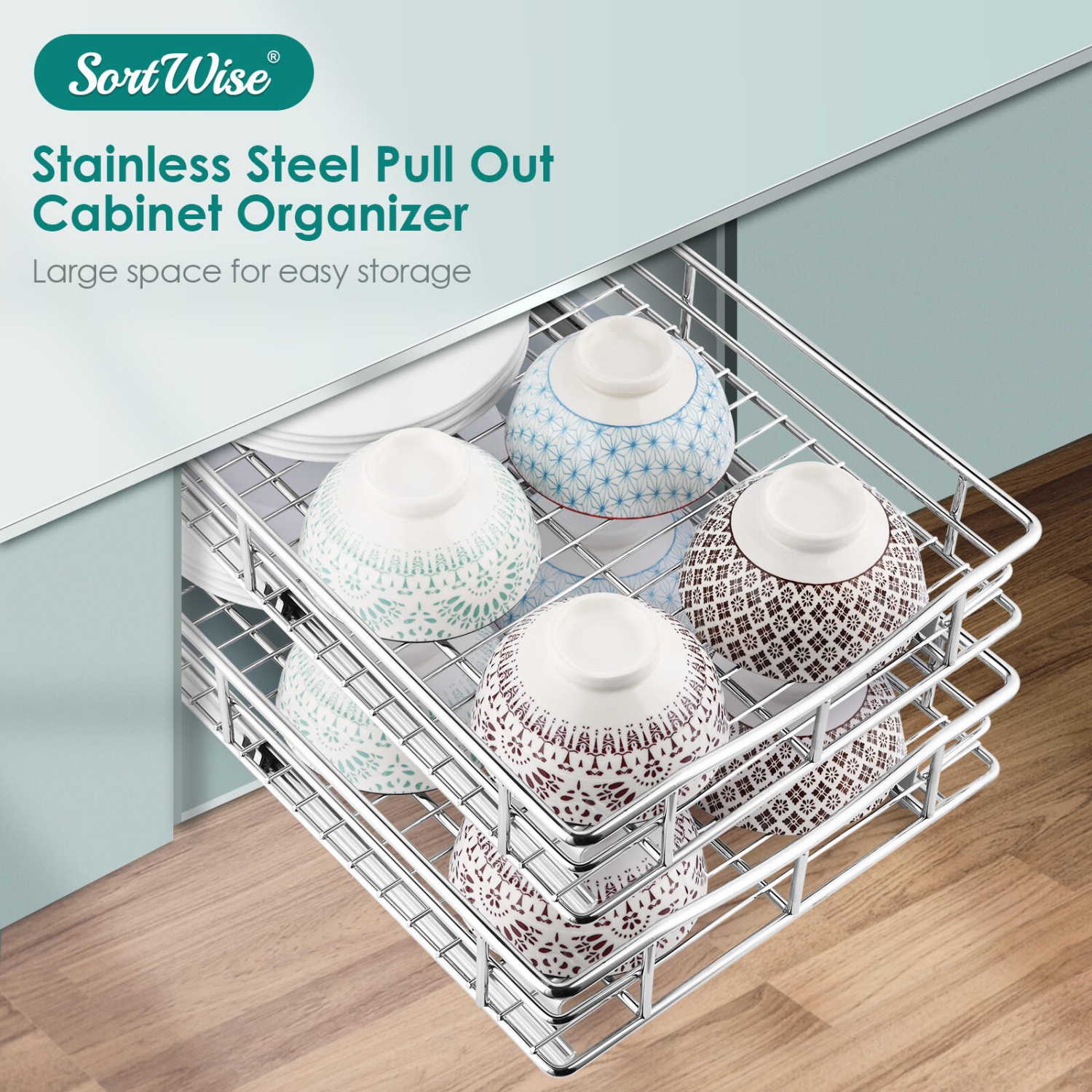 SortWise Slide Out Cabinet Organizer Drawer- Pull Out Under Cabinet Sliding Shelf, 11" W x 18 1/8" D x 4 1/8" H, Chrome