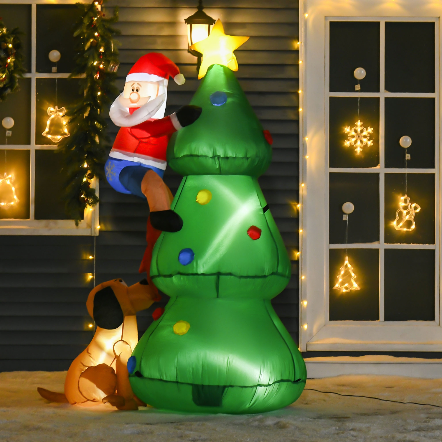HOMCOM 6ft Inflatable Christmas Tree, Santa Claus, and Dog Lighted Up with LED Lights for Indoor, Outdoor, Home, Garden, Lawn