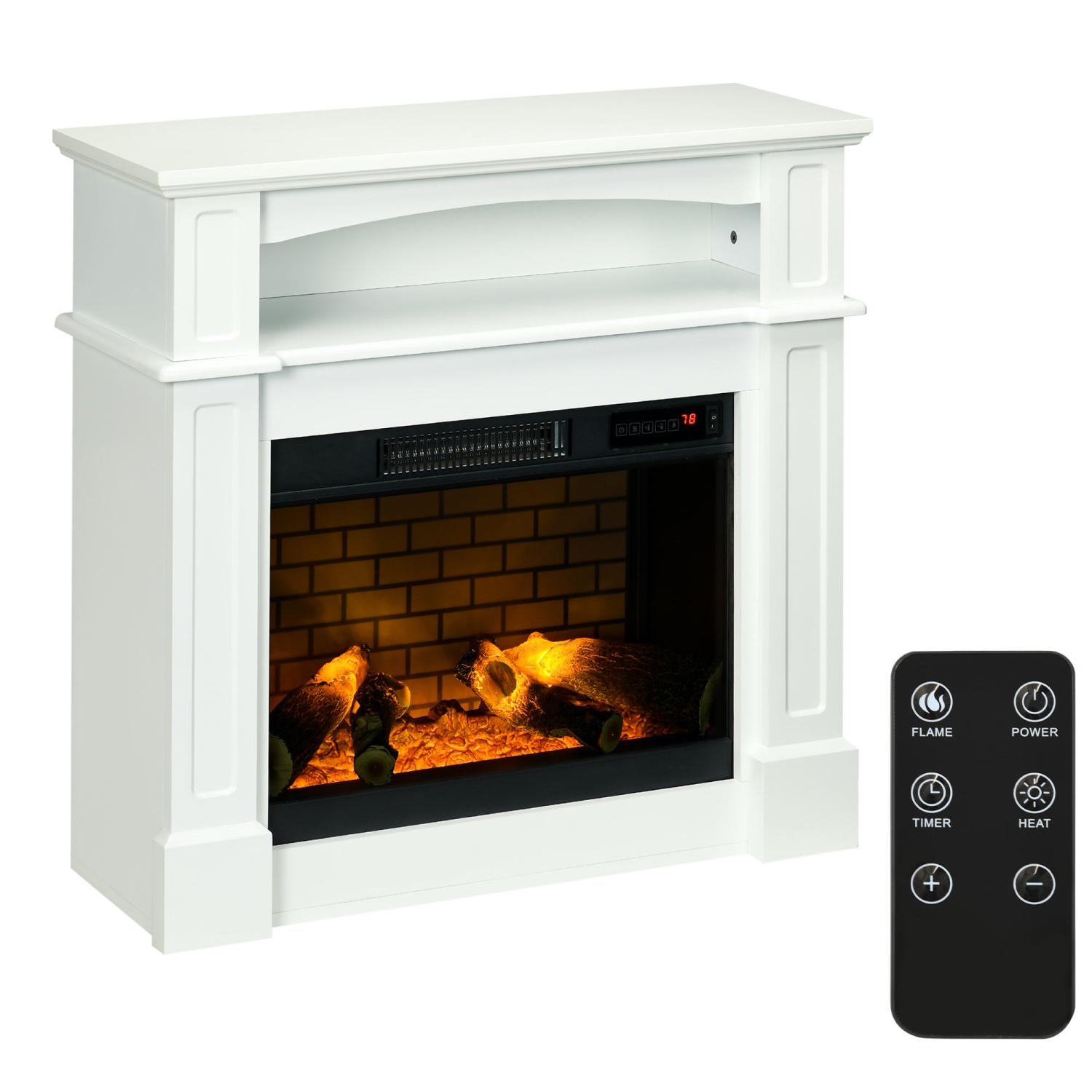 HOMCOM 32" Electric Fireplace Heater with Mantel, Freestanding Fireplace Stove with Log Hearth, Adjustable Realistic Flame and Remote Control, 700W/1400W, White