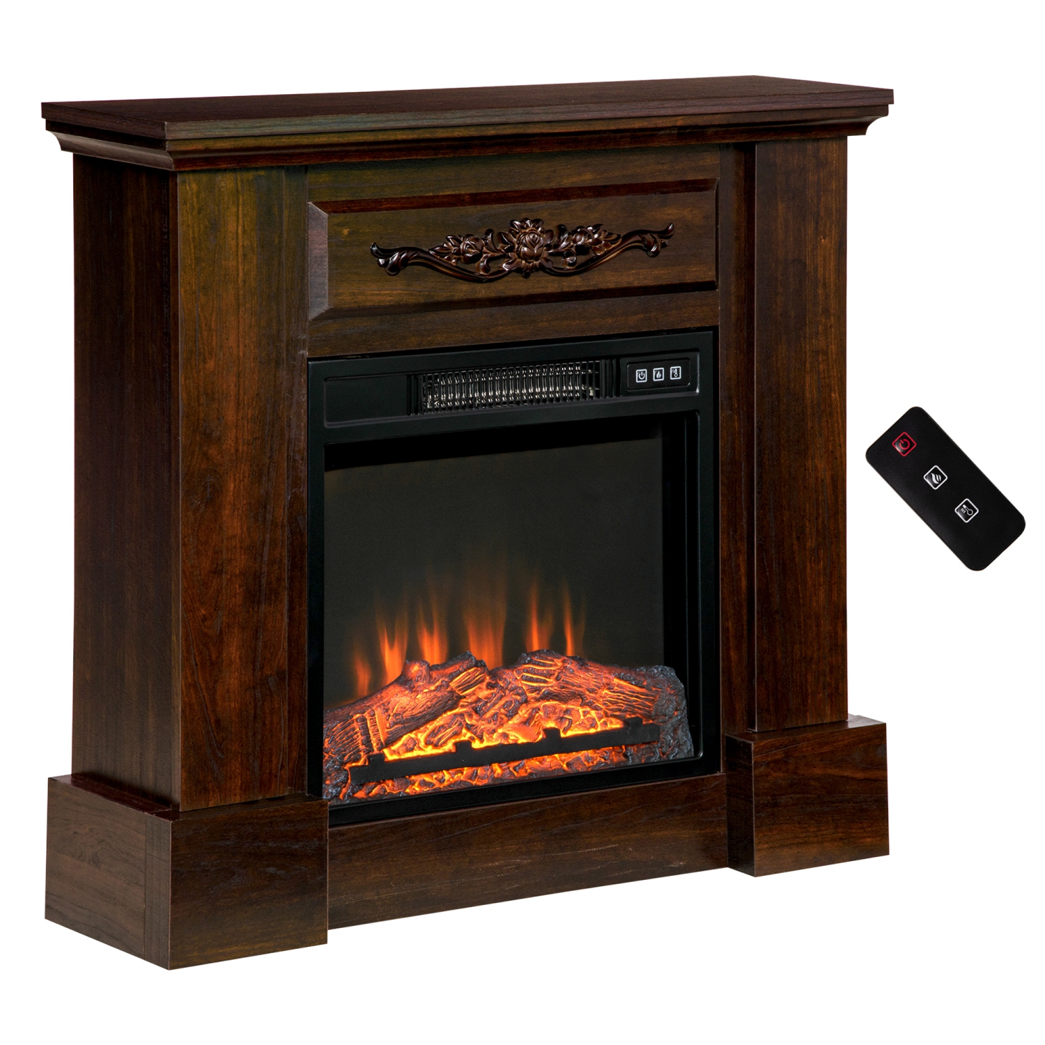 HOMCOM 32" Electric Fireplace Heater with Mantel, Freestanding Fireplace Stove with Log Hearth, Adjustable Realistic Flame and Remote Control, 1400W, Brown