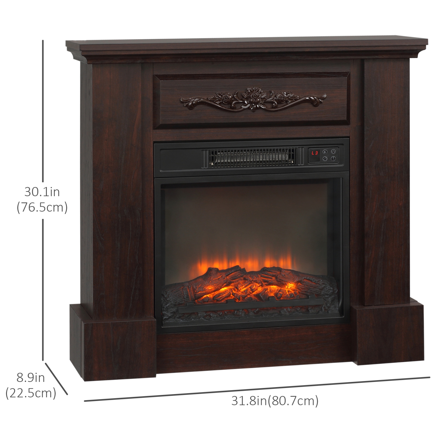 HOMCOM 32" Electric Fireplace Heater with Mantel, Freestanding Fireplace Stove with Log Hearth, Adjustable Realistic Flame and Remote Control, 1400W,