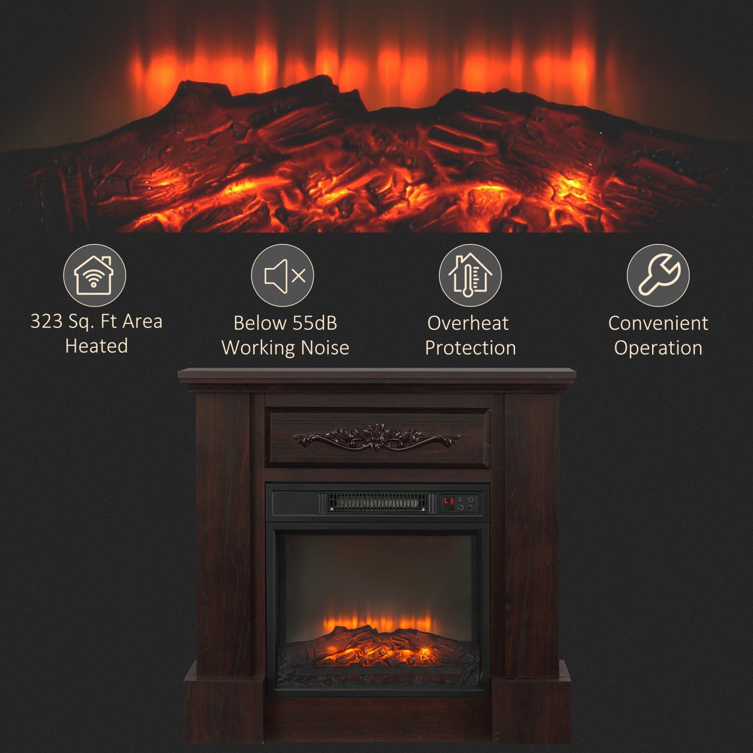 HOMCOM 32" Electric Fireplace Heater with Mantel, Freestanding Fireplace Stove with Log Hearth, Adjustable Realistic Flame and Remote Control, 1400W,