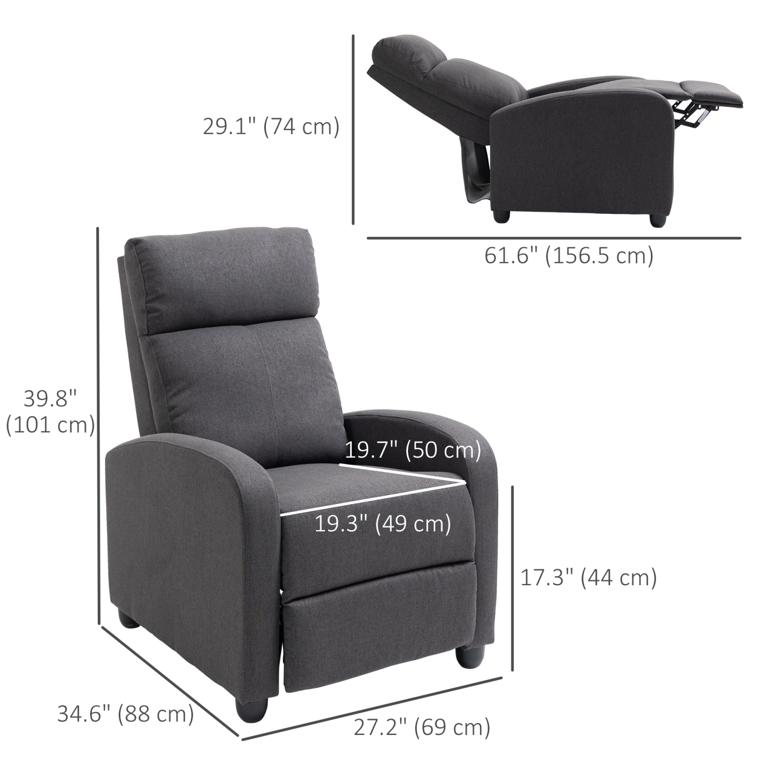 HOMCOM Push Back Recliner Chair, Linen Fabric Home Theater Seating, Single Reclining Sofa Chair with Padded Seat for Living Room, Dark Grey