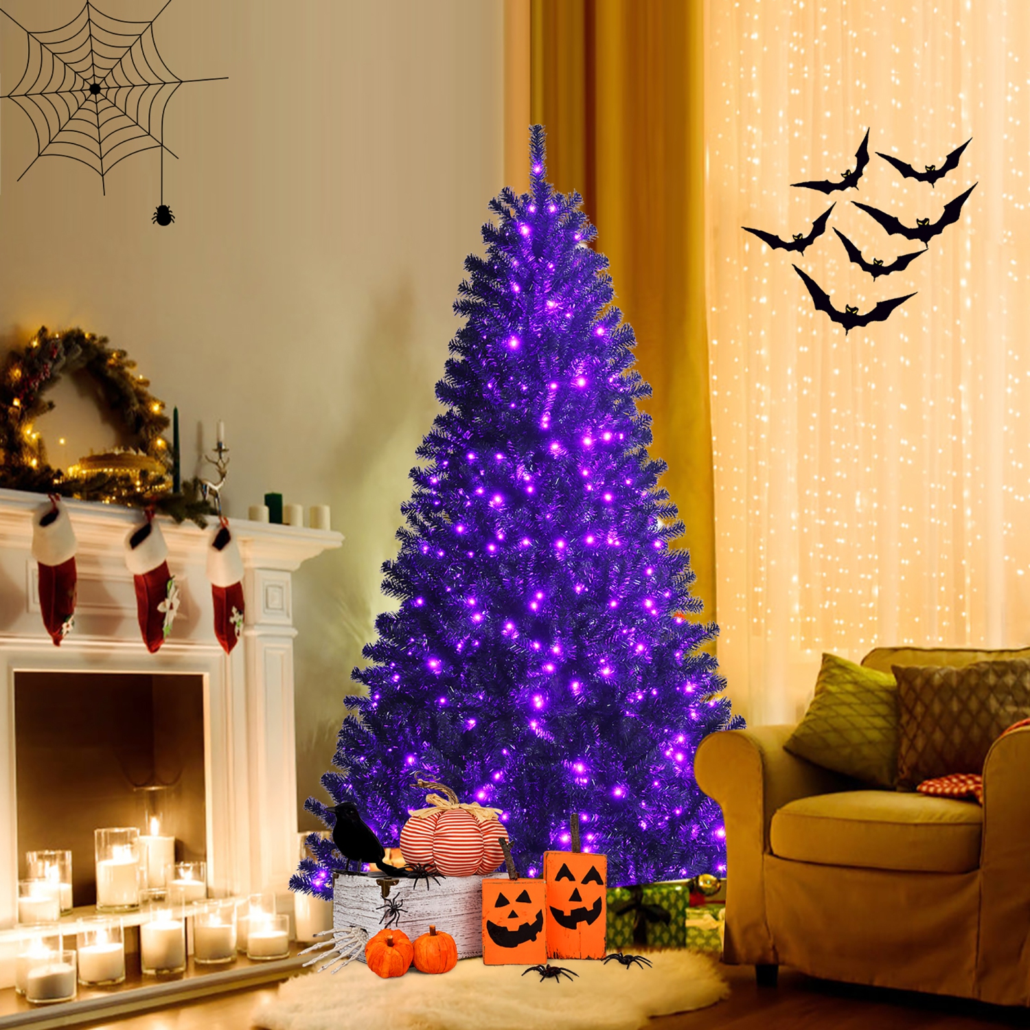 Costway 6ft Pre-lit PVC Christmas Halloween Tree Black w/ 250 Purple LED Lights