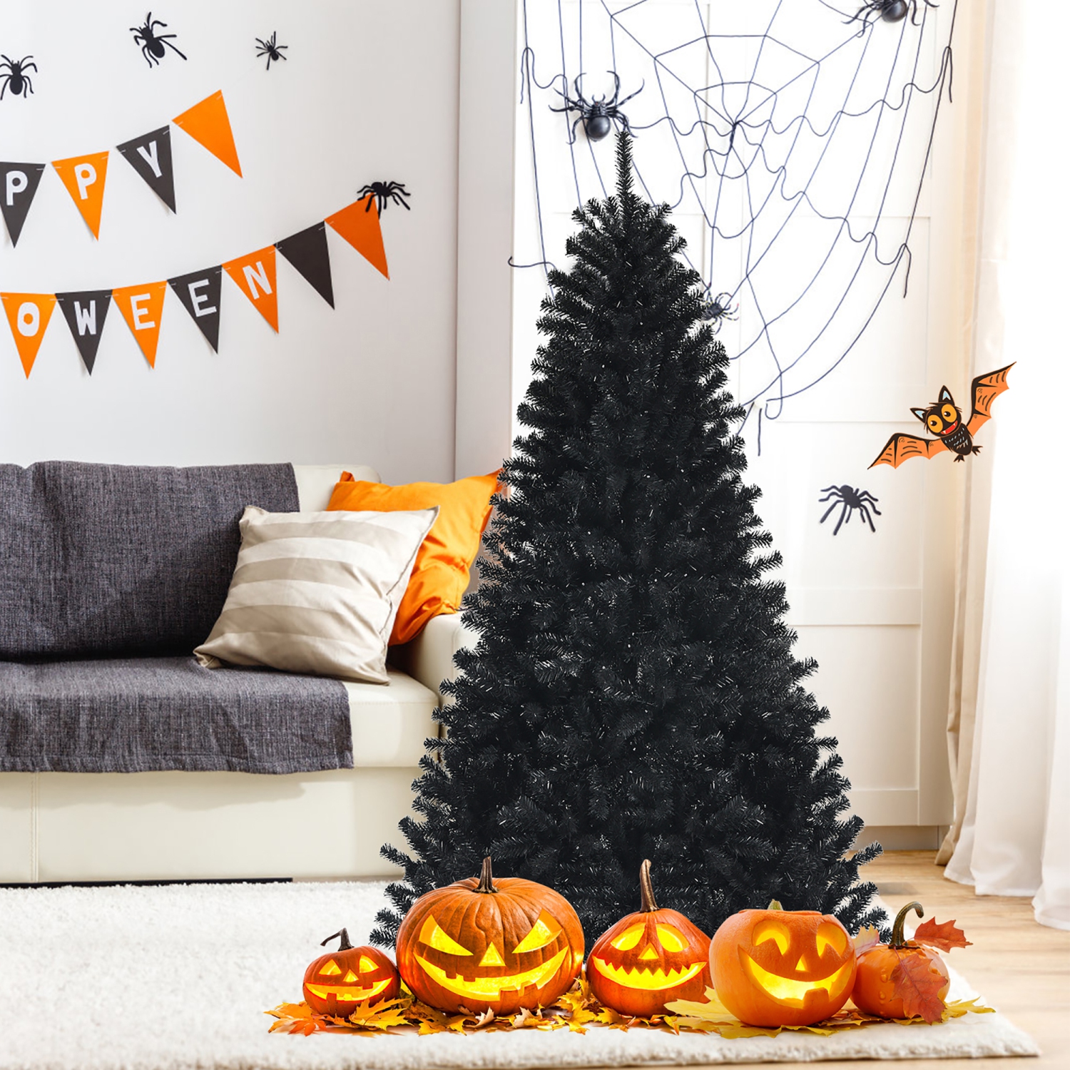 Costway 6ft Pre-lit PVC Christmas Halloween Tree Black w/ 250 Purple LED Lights