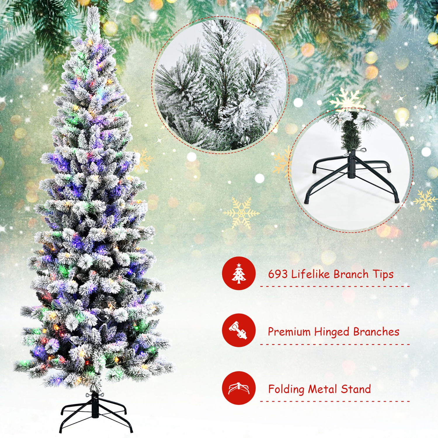 7.5FT Pré-éclairé Arbre de Noël à charnière Neige Floquée w / 9 Modes Lumières de télécommande