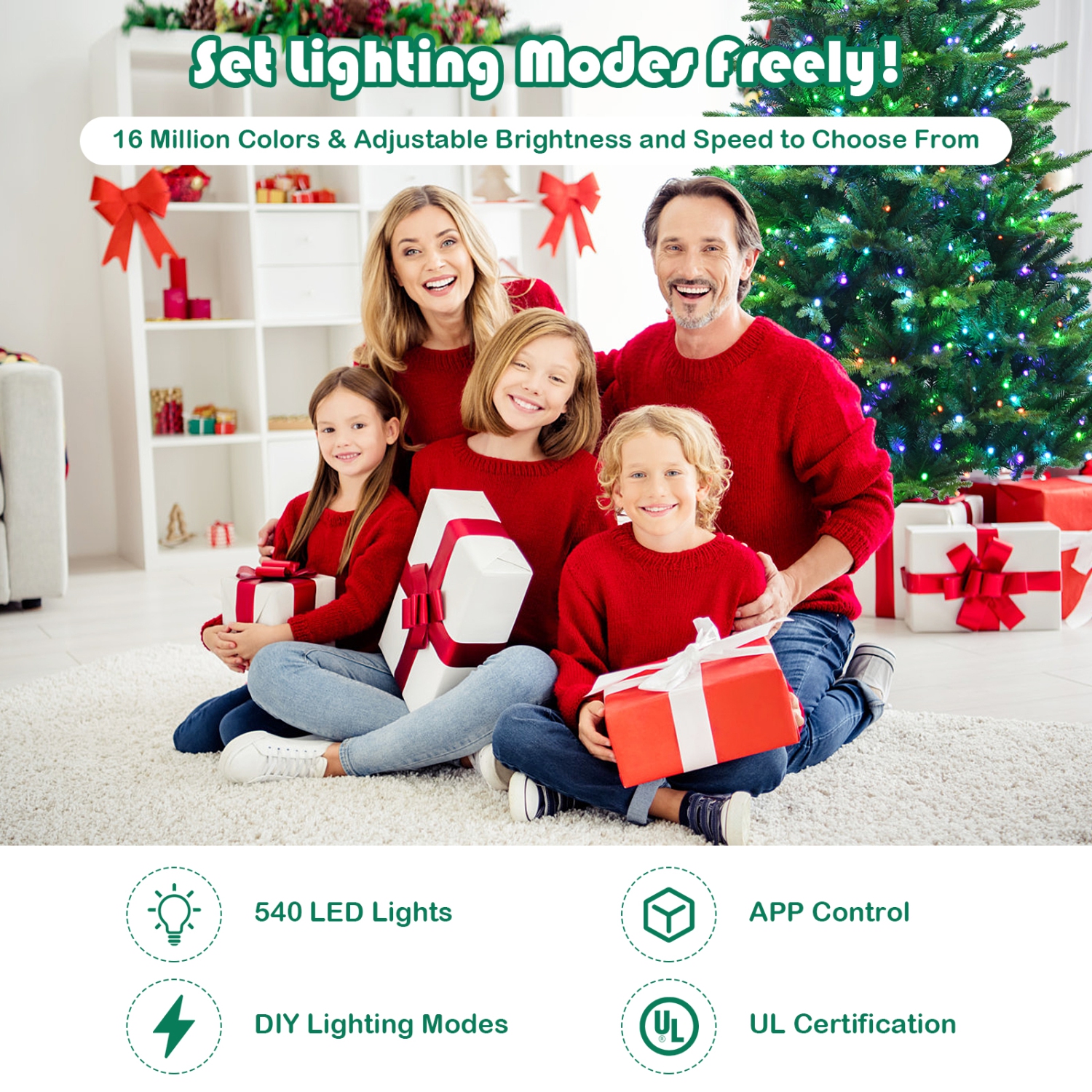 Costway 7ft App-Controlled Pre-lit Christmas Tree Multicolor Lights w/ 15 Modes