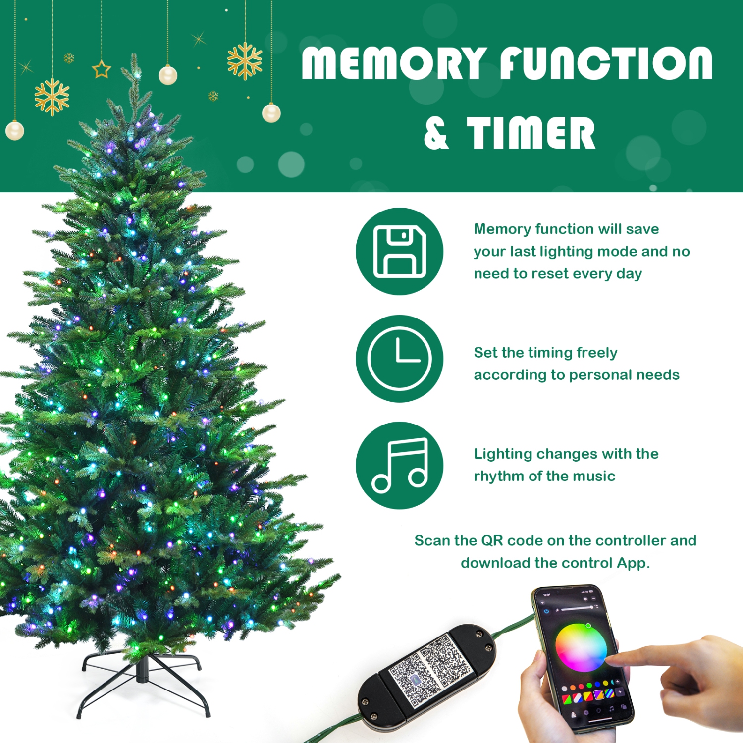 Costway 7ft App-Controlled Pre-lit Christmas Tree Multicolor Lights w/ 15 Modes