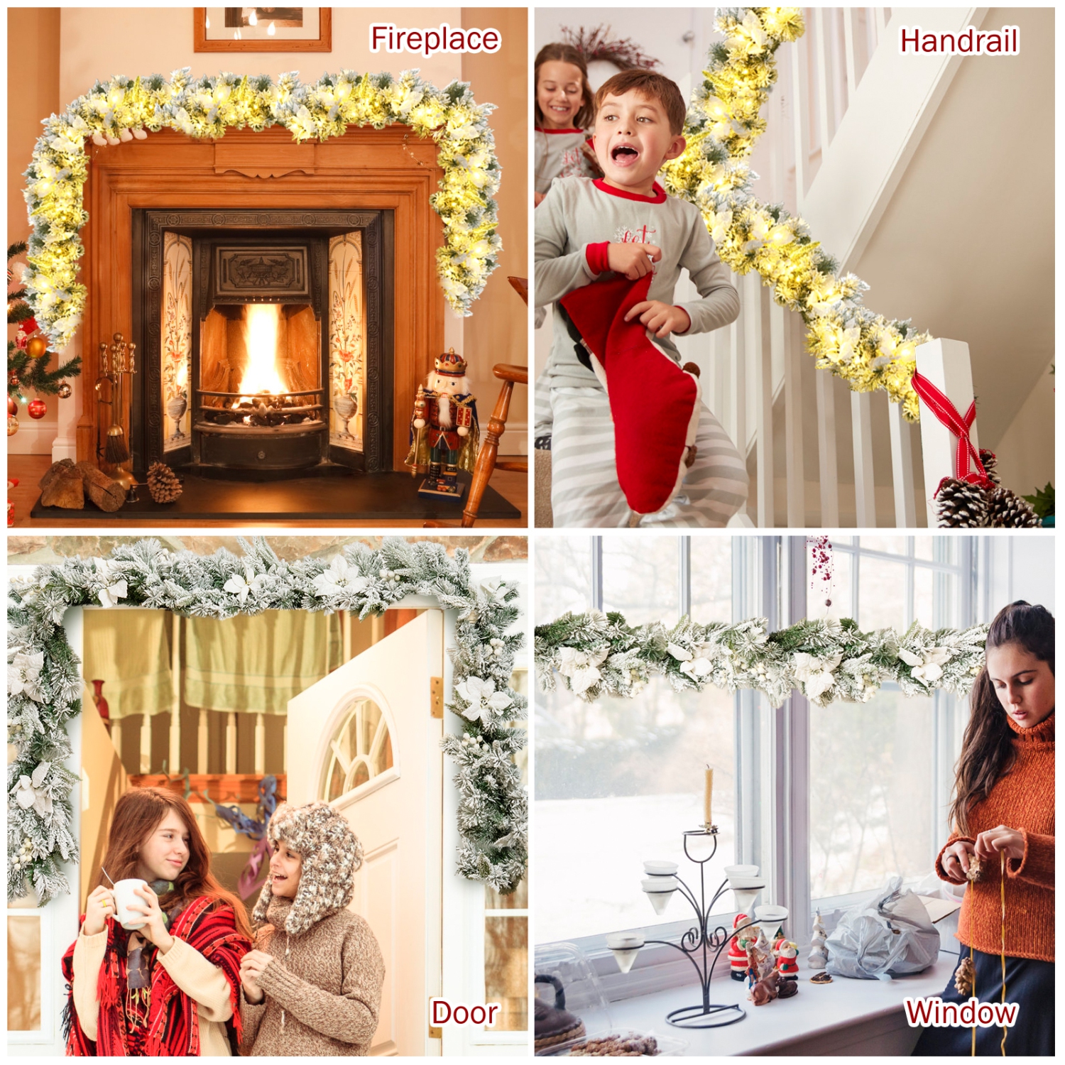 Costway 9ft Pre-lit Snowy Christmas Garland w/ Berries Poinsettia Flowers Timer