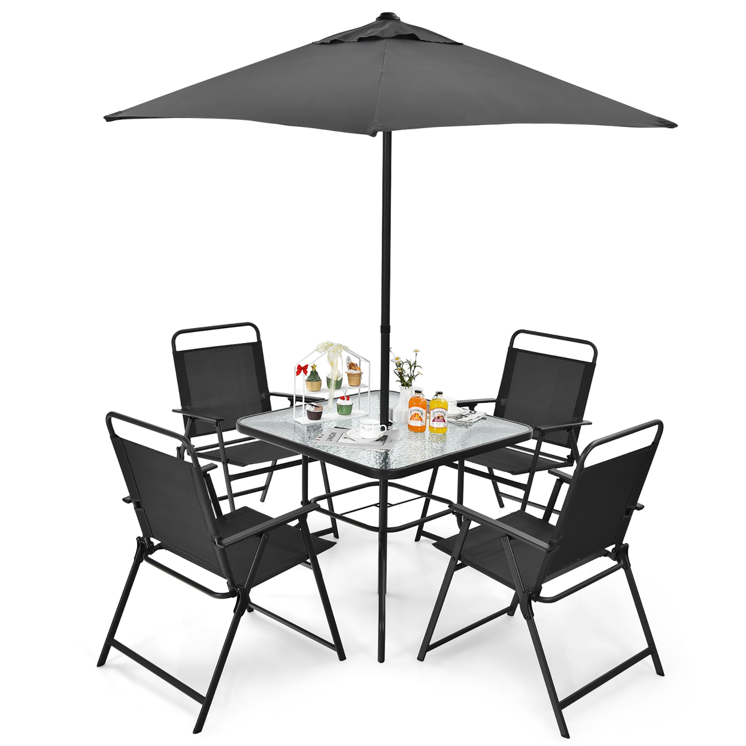Costway 6PCS Patio Furniture Dining Set Folding Chairs Glass Table W/Umbrella Deck Grey