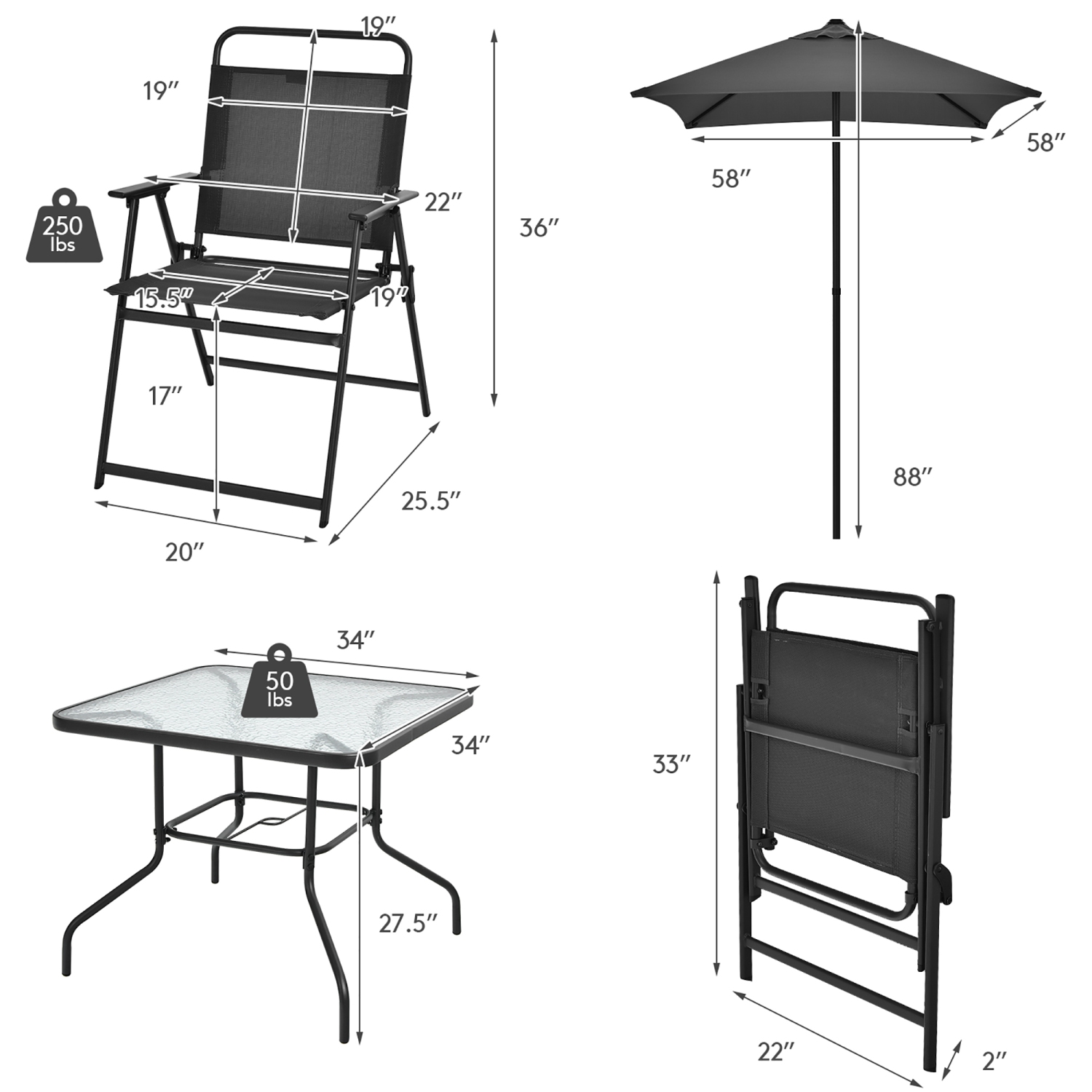 Costway 6PCS Patio Furniture Dining Set Folding Chairs Glass Table W/Umbrella Deck Grey