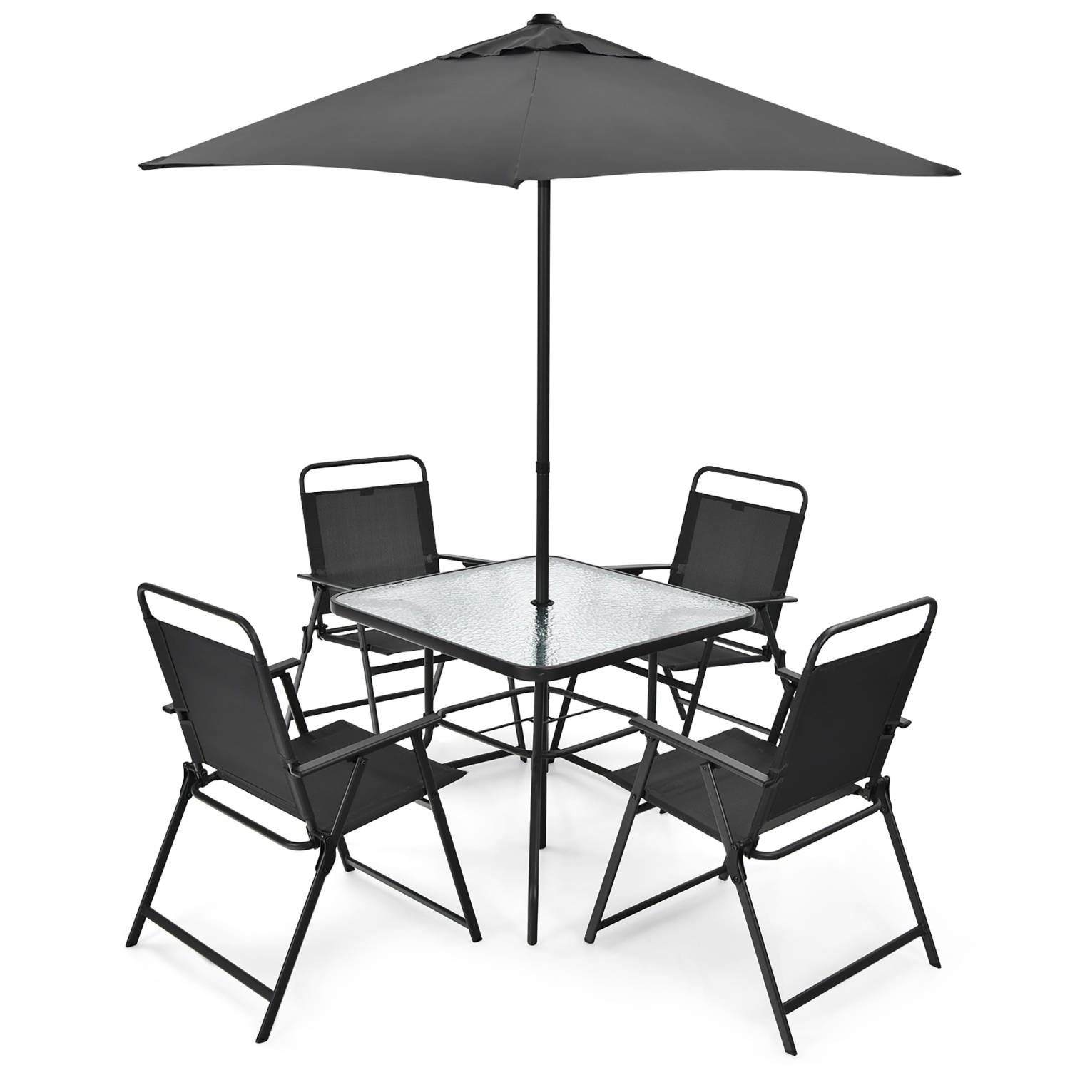 Costway 6PCS Patio Furniture Dining Set Folding Chairs Glass Table W/Umbrella Deck Grey