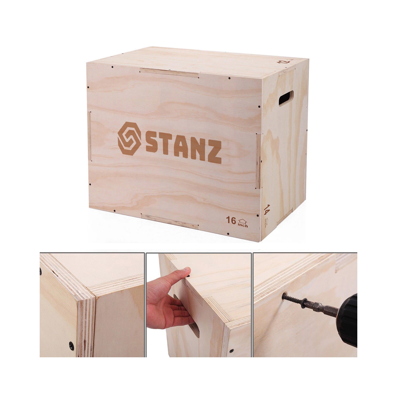 Stanz – Boîte d'exercice plyométrique en bois Plyo, 16 x 14 x 12&nbsp;po, boîte de saut pliométrique d'entraînement pour l'agilité pour l'exercice