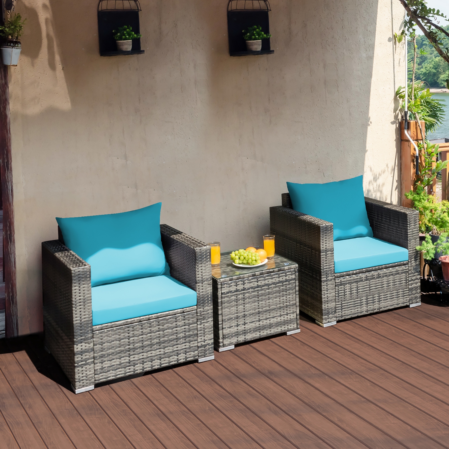 Costway 3 PC Patio Rattan Furniture Bistro Set Cushioned Sofa Chair Table
