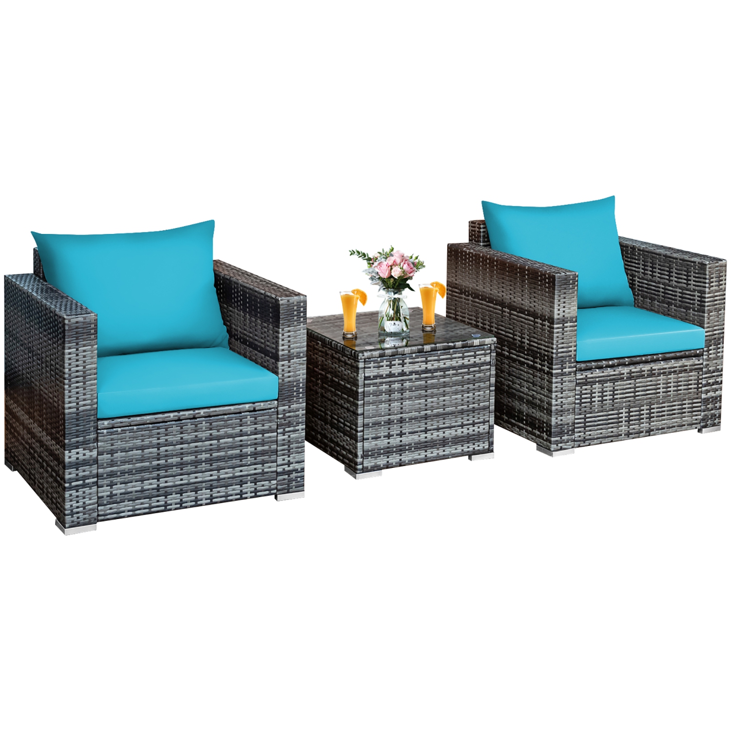 Costway 3 PC Patio Rattan Furniture Bistro Set Cushioned Sofa Chair Table