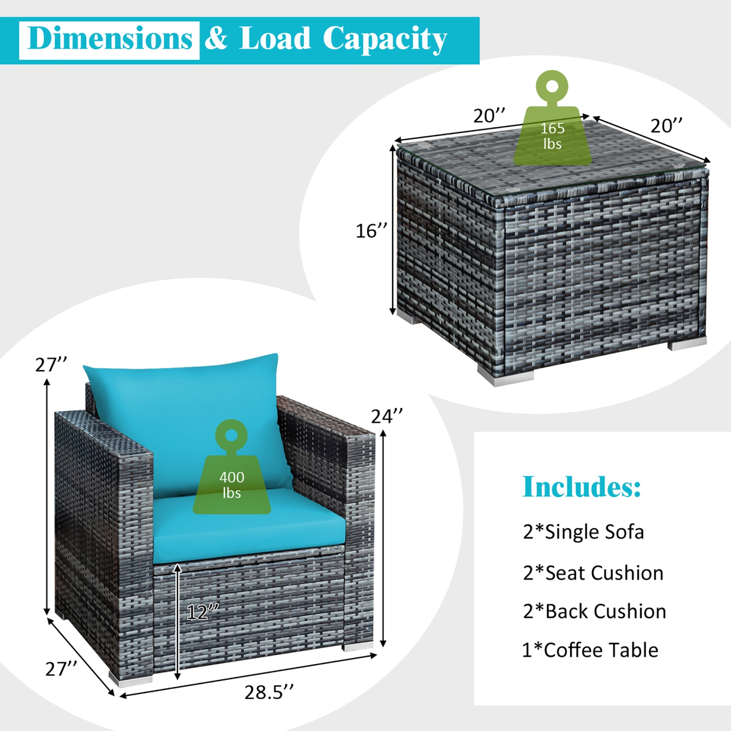 Costway 3 PC Patio Rattan Furniture Bistro Set Cushioned Sofa Chair Table