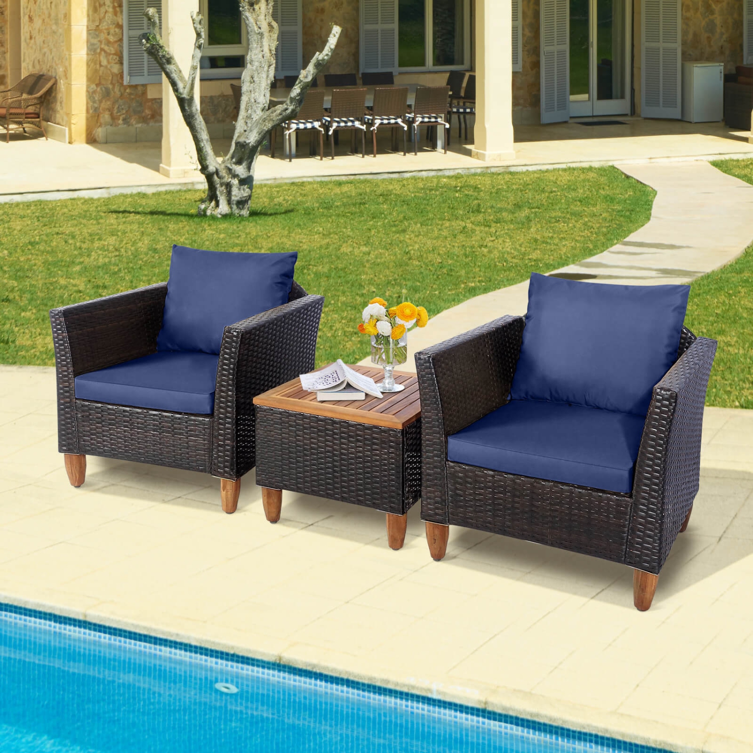 Costway3PCS Patio Rattan Bistro Furniture Set Wood Table Top Cushion Sofa