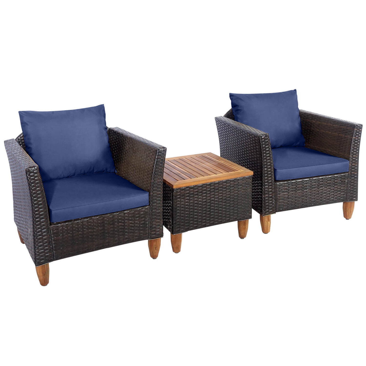 Costway3PCS Patio Rattan Bistro Furniture Set Wood Table Top Cushion Sofa
