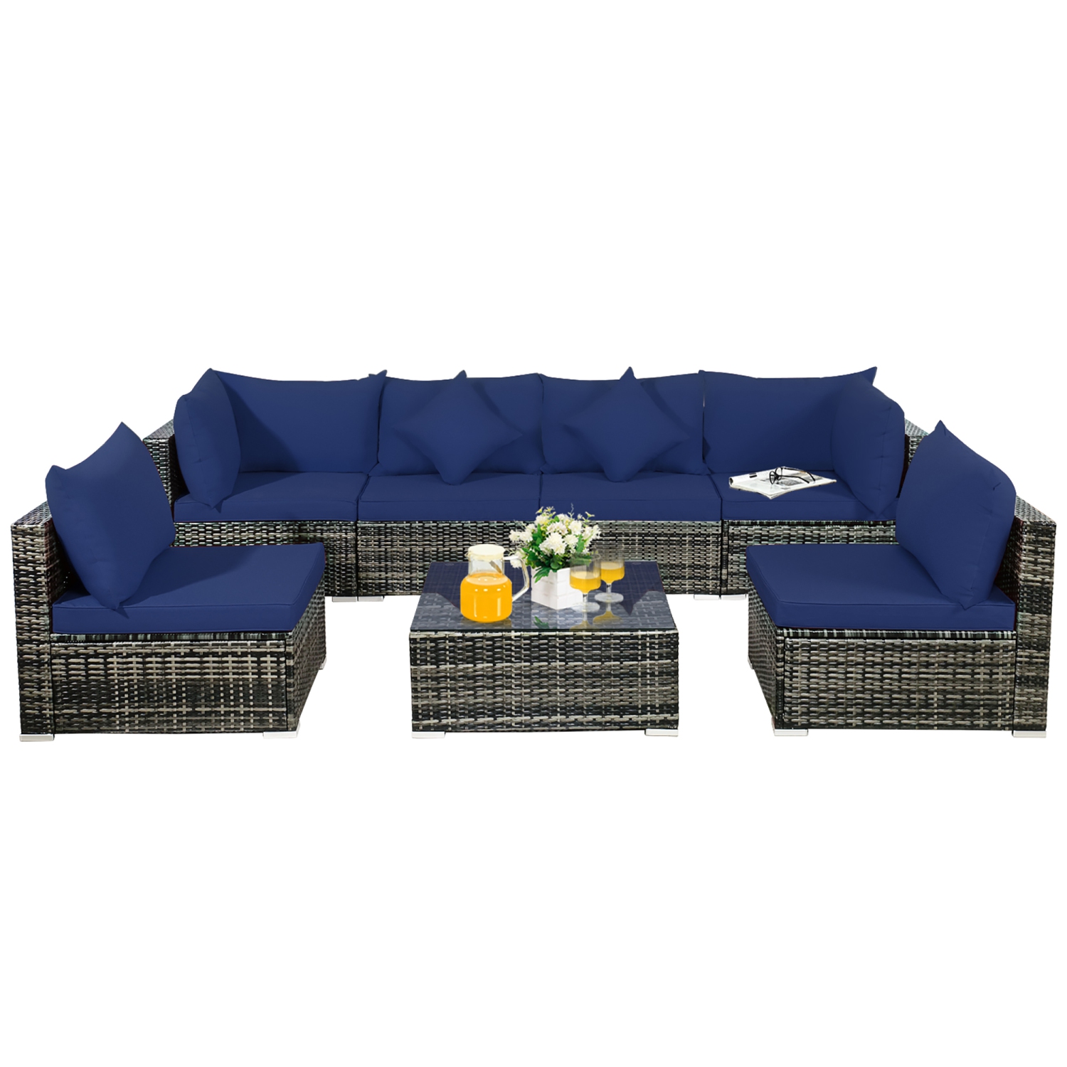7PCS Patio Rattan Furniture Set Sectional Sofa Garden Cushion