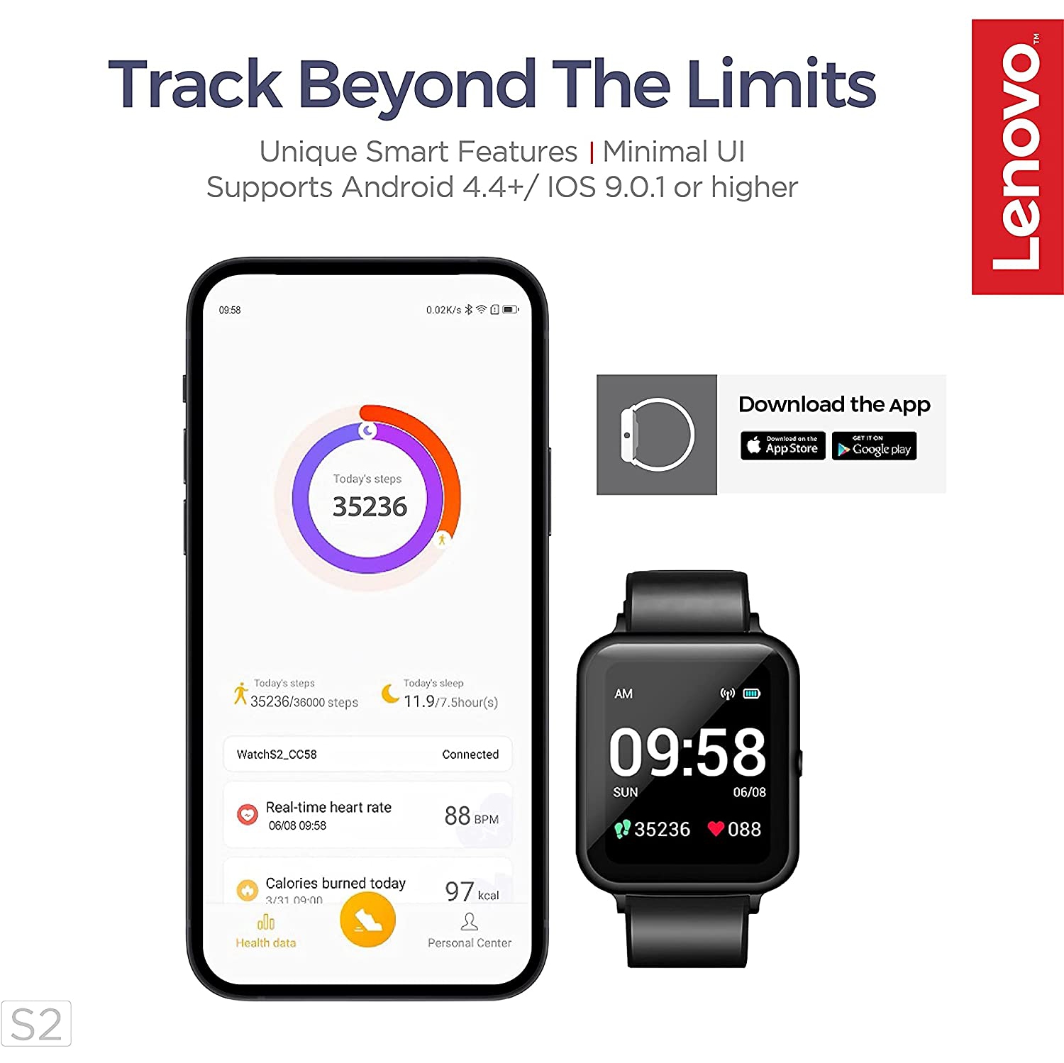 Lenovo Smartwatch S2 Pro Fitness Tracker with Body Temperature Activity Tracker Heart Rate Monitor Blood Pressure Blood Oxygen Sleep Monitor IP67
